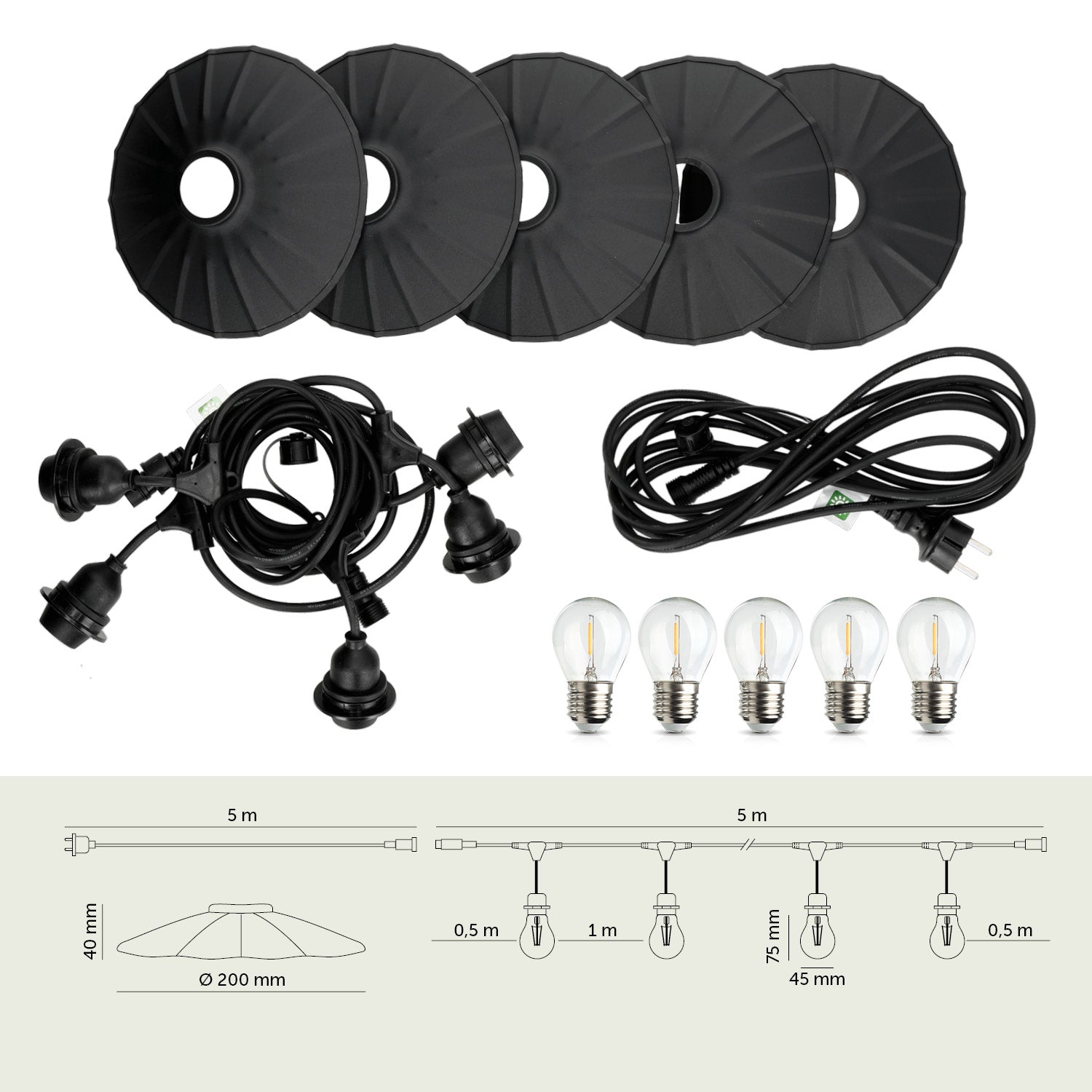 ZESTAW CRETE Girlanda ogrodowa 5m + kabel 5m + 5x klosz czarny M1 + żarówki