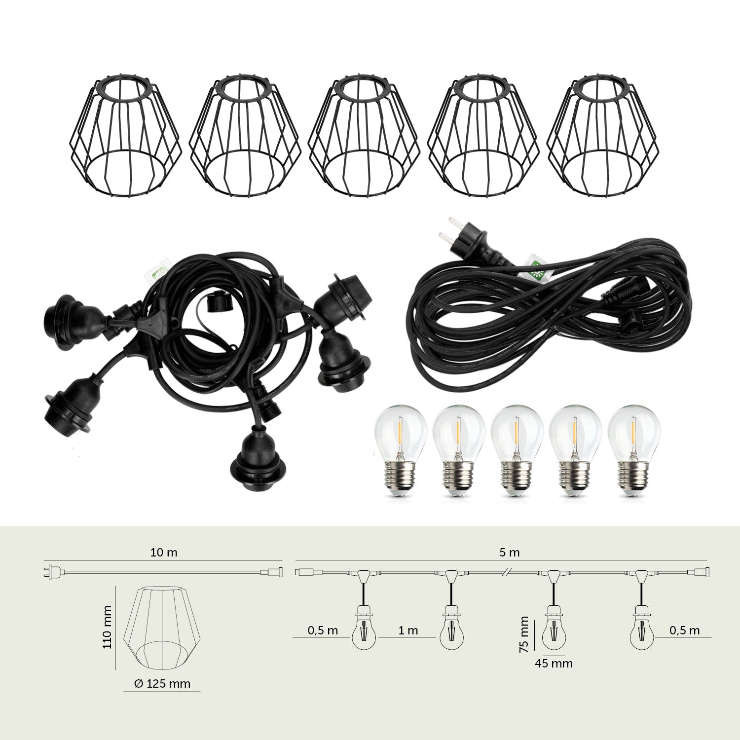 ZESTAW CRETE Girlanda ogrodowa 5m + kabel 10m + 5x klosz czarny D1 + żarówki