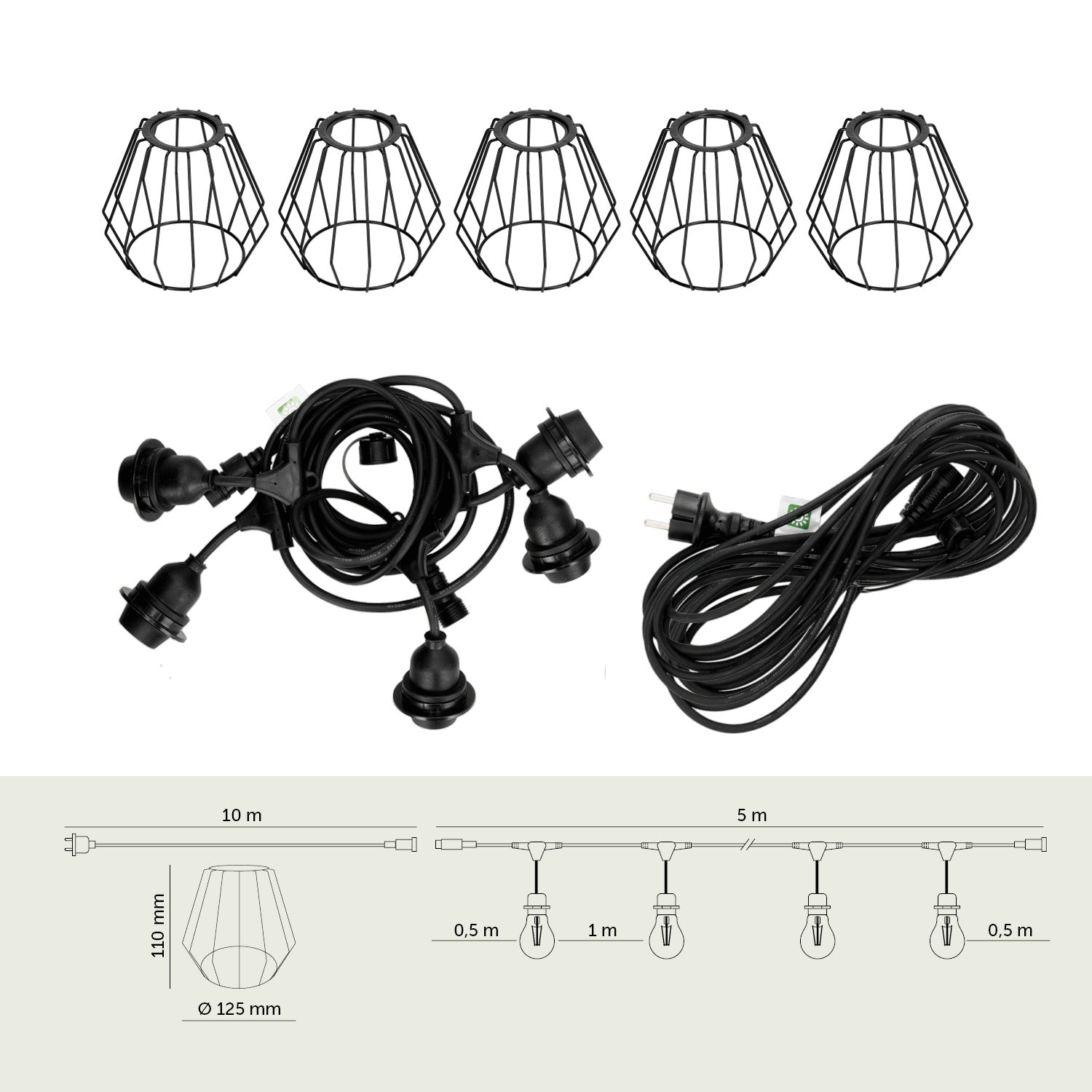 ZESTAW CRETE Girlanda ogrodowa 5m + kabel 10m + 5x klosz czarny D1