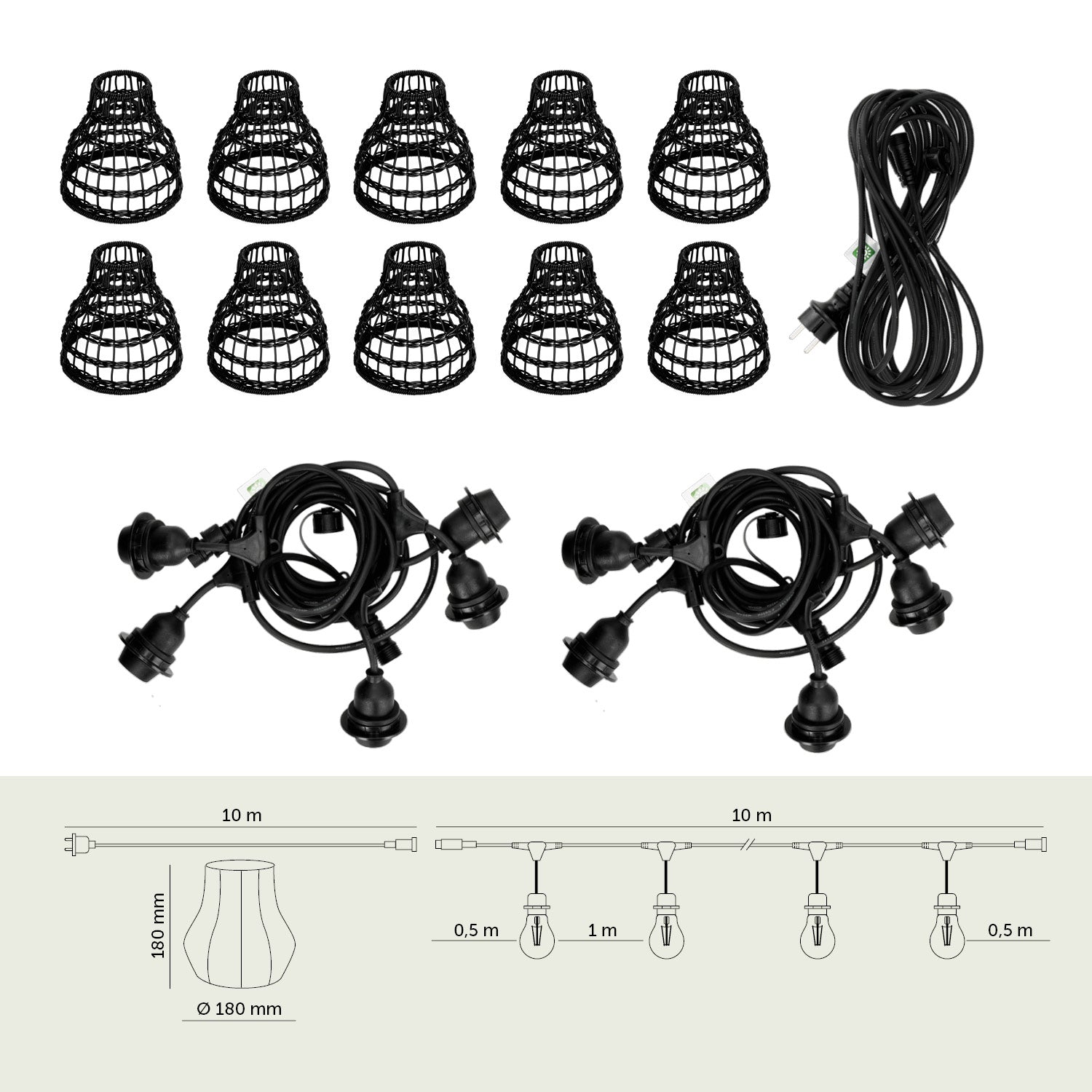 ZESTAW CRETE 2x Girlanda ogrodowa 5m + kabel 10m + 10x klosz czarny R2