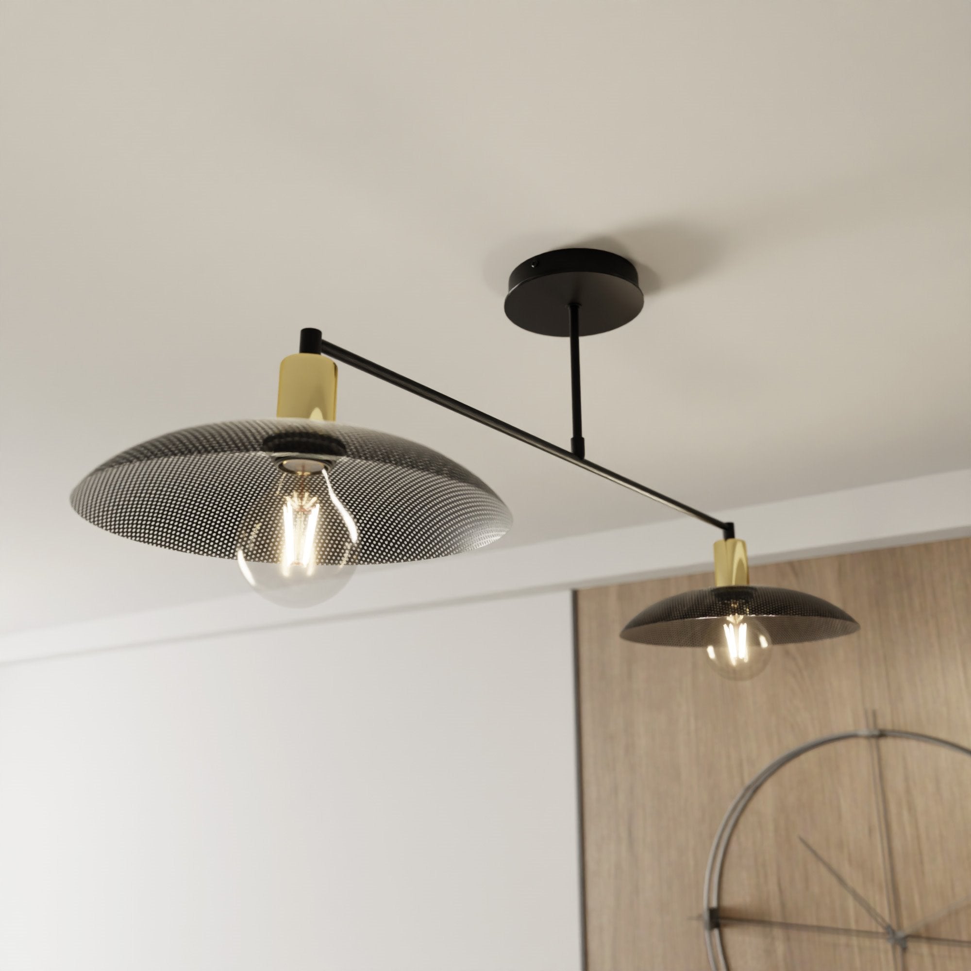 Duża lampa sufitowa NELI 100 cm 2xE27 CZARNE KLOSZE metal złote dodatki