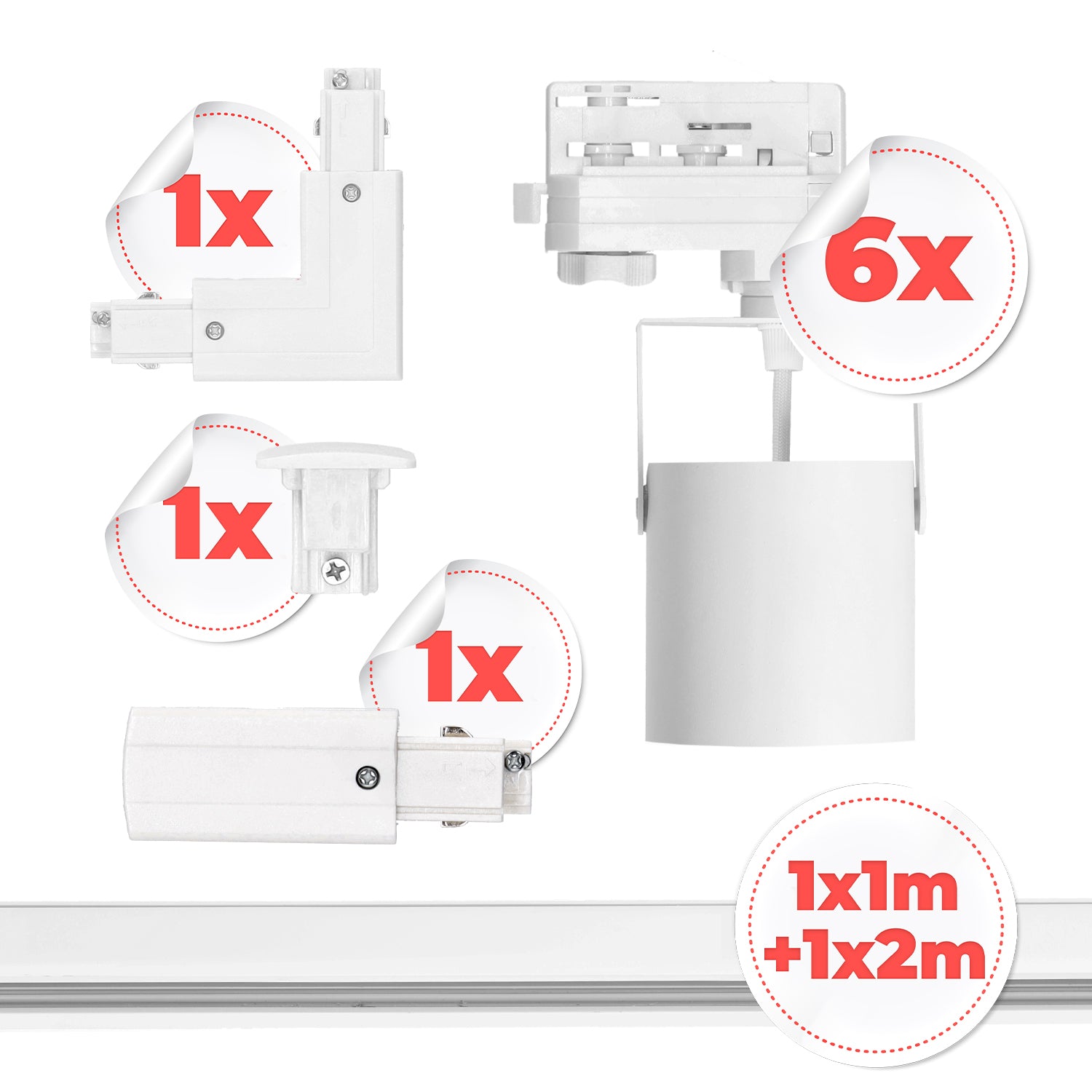 Zestaw Szynowy Biały 3 fazowy 6x Reflektor GU10 + Szyna 1m+2m + Łącznik L