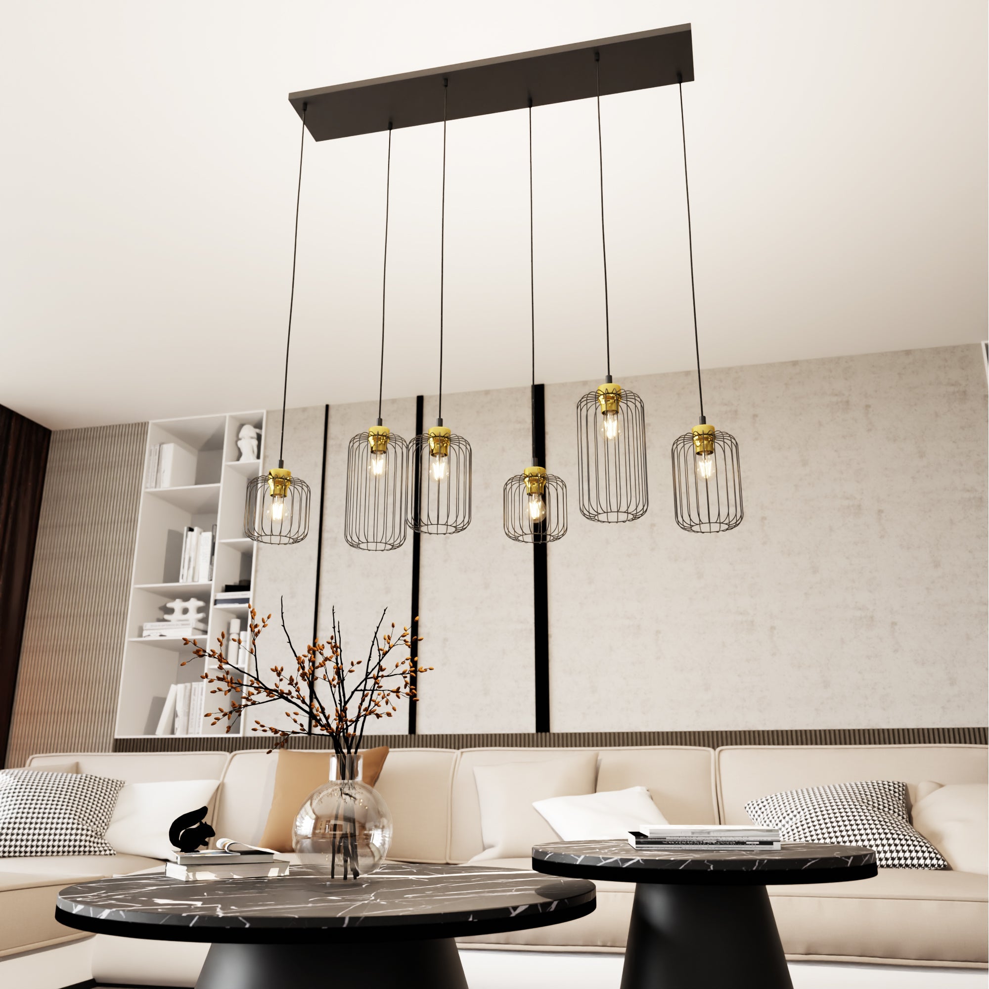 Duża Lampa Wisząca LIMA 6 Kloszy E27 Czarno - Złota Do Salonu Regulowana Loft - LAITICA