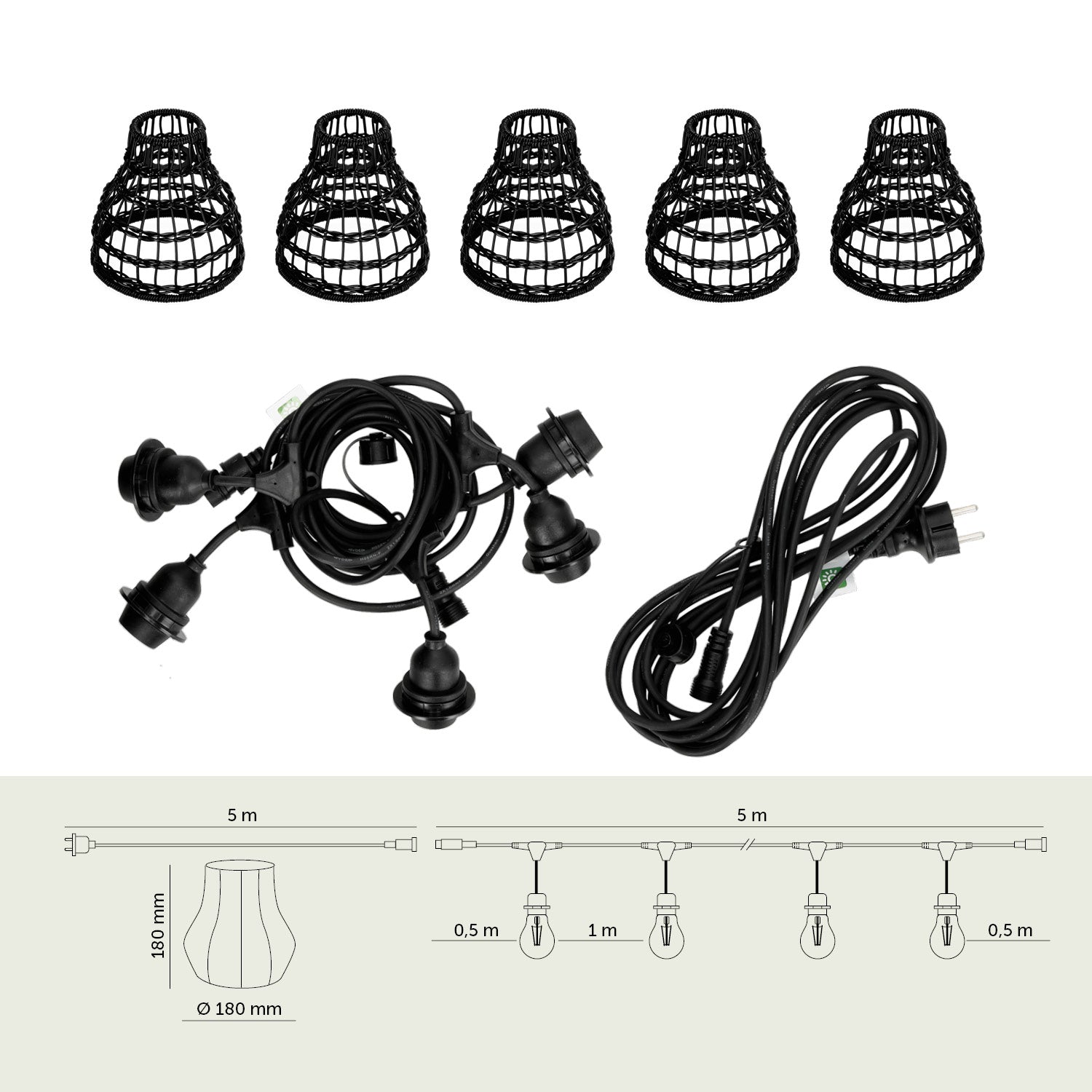 ZESTAW CRETE Girlanda ogrodowa 5m + kabel 5m + 5x klosz czarny R2