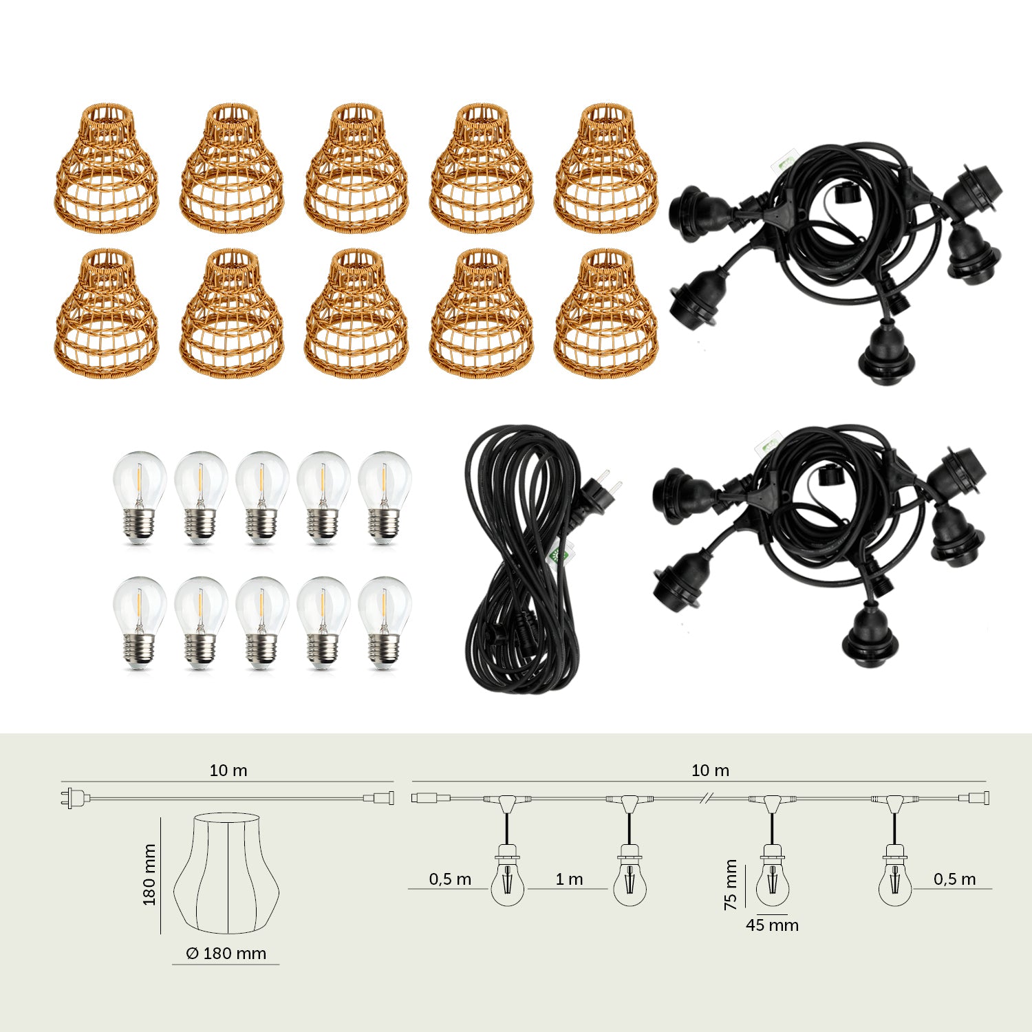 ZESTAW CRETE 2x Girlanda ogrodowa 5m + kabel 10m + 10x klosz R1 + żarówki