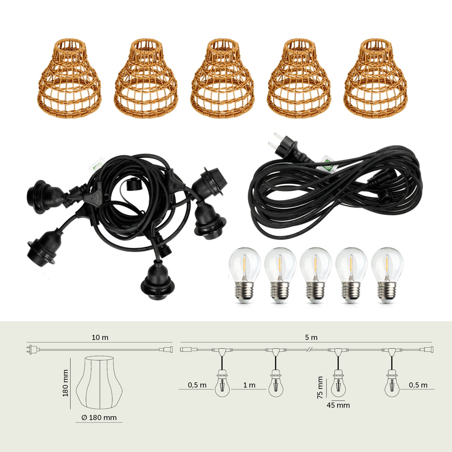 ZESTAW CRETE Girlanda ogrodowa 5m + kabel 10m + 5x klosz R1 + żarówki