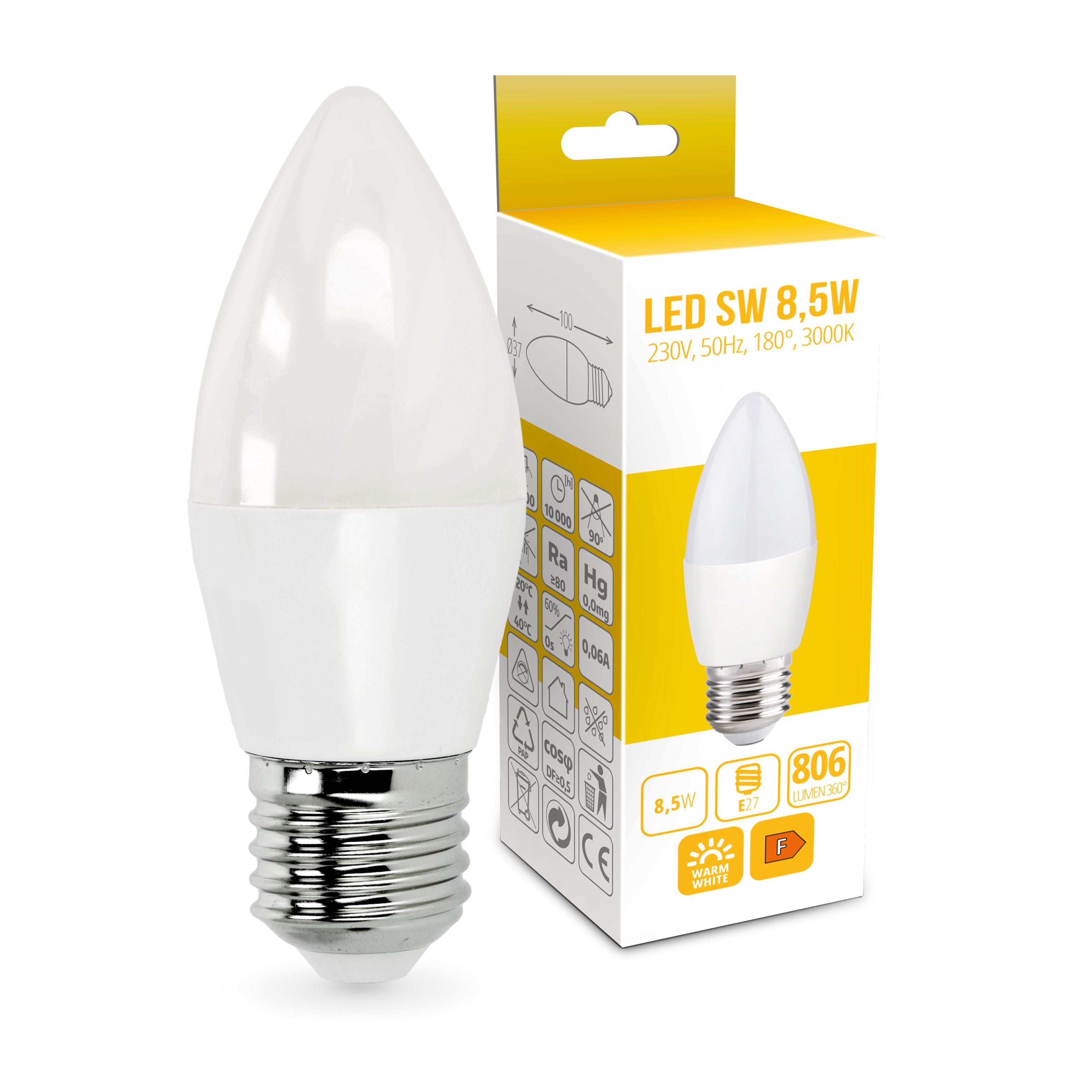 10x Żarówka świeczka LED SW 8,5W E27 Barwa Biała Ciepła 180 stopni 3000K