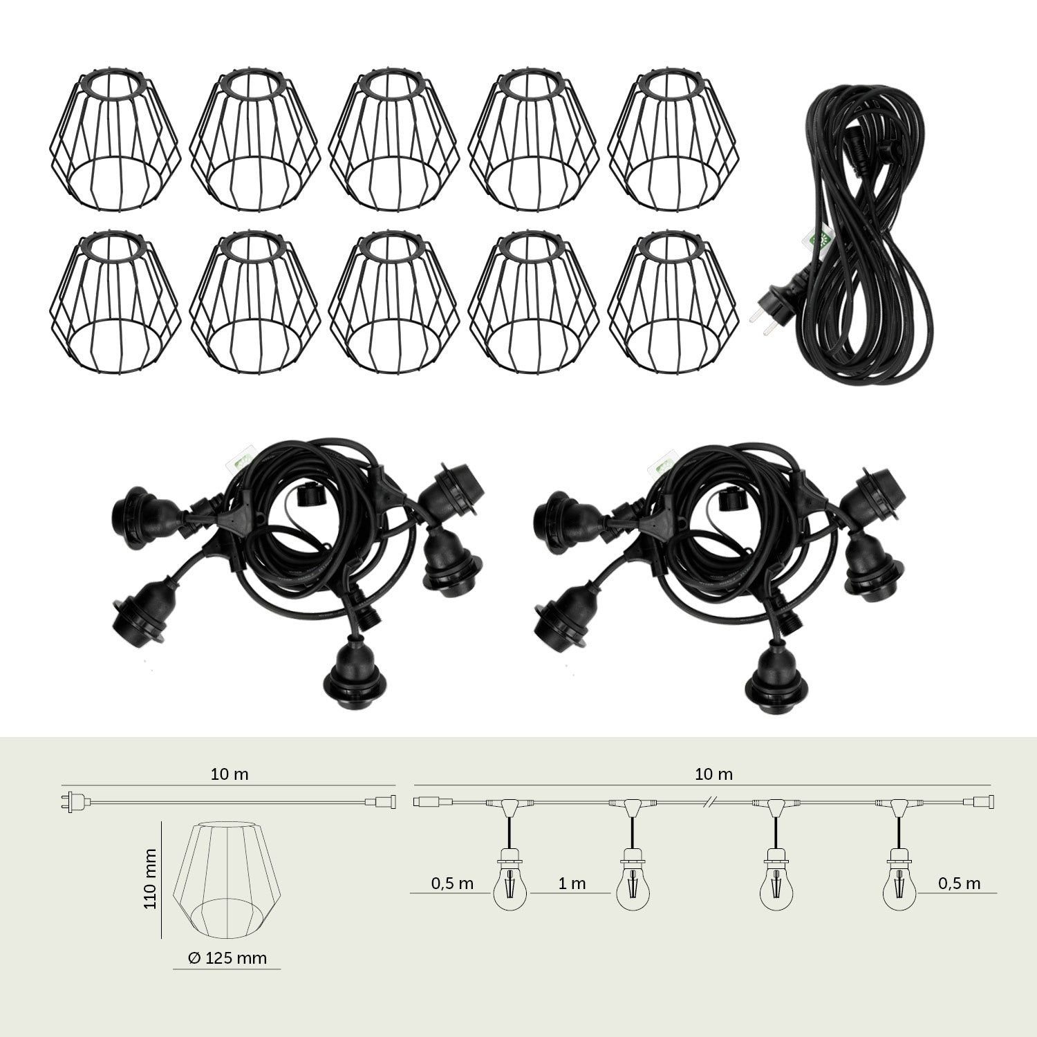 ZESTAW CRETE 2x Girlanda ogrodowa 5m + kabel 10m + 10x klosz czarny D1