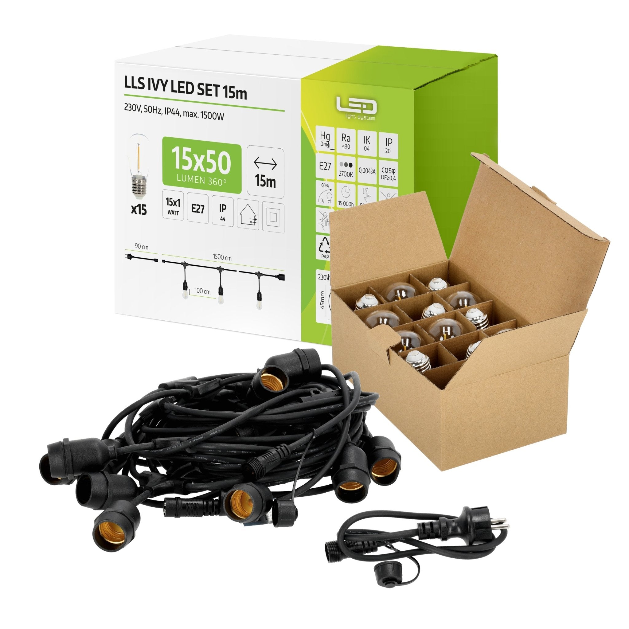 Girlanda Ogrodowa LED Zewnętrzna 15m + 15 Żarówek 1W 3000K Ciepła Biel Łańcuch Świetlny - LAITICA