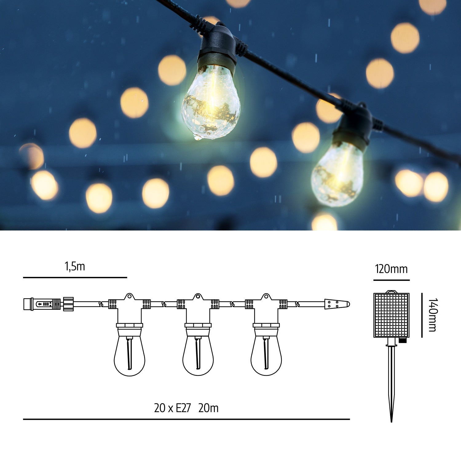 Girlanda Solarna LED 20m 20x E27 – Lampki Ogrodowe Taras Balkon - LAITICA