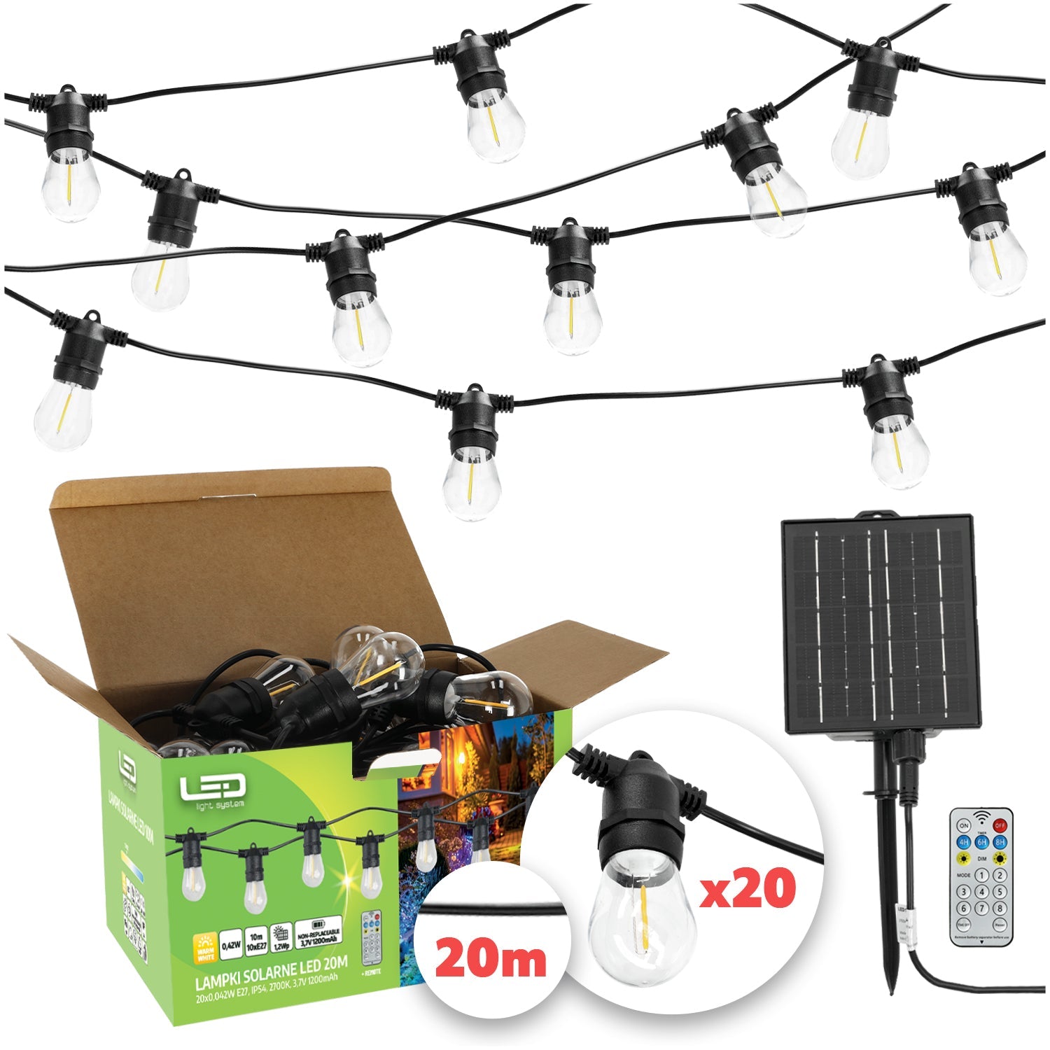 Girlanda Solarna Ogrodowa LED 10m 20x E27 – Lampki Taras Balkon - LAITICA