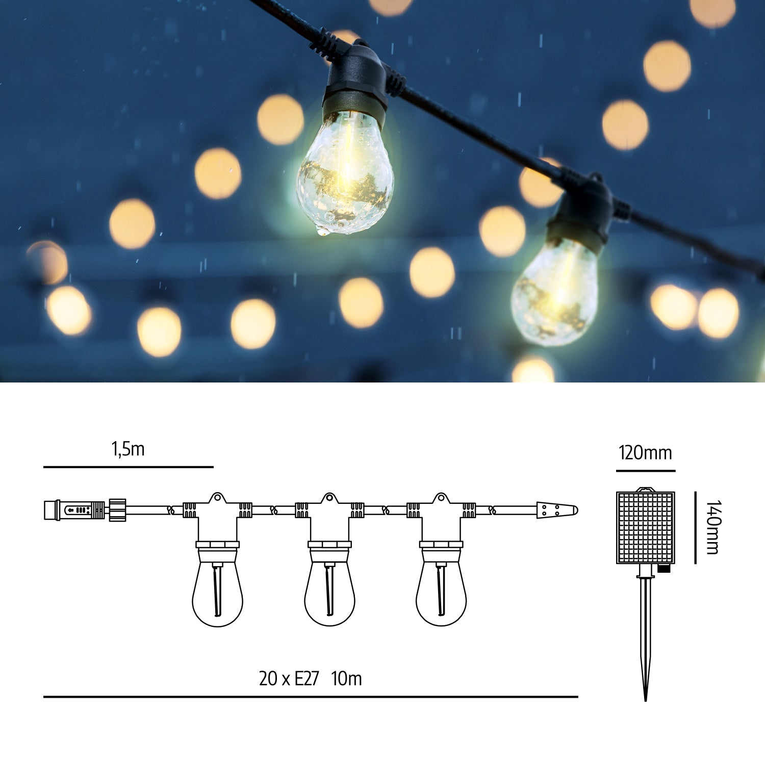 Girlanda Solarna Ogrodowa LED 10m 20x E27 – Lampki Taras Balkon - LAITICA