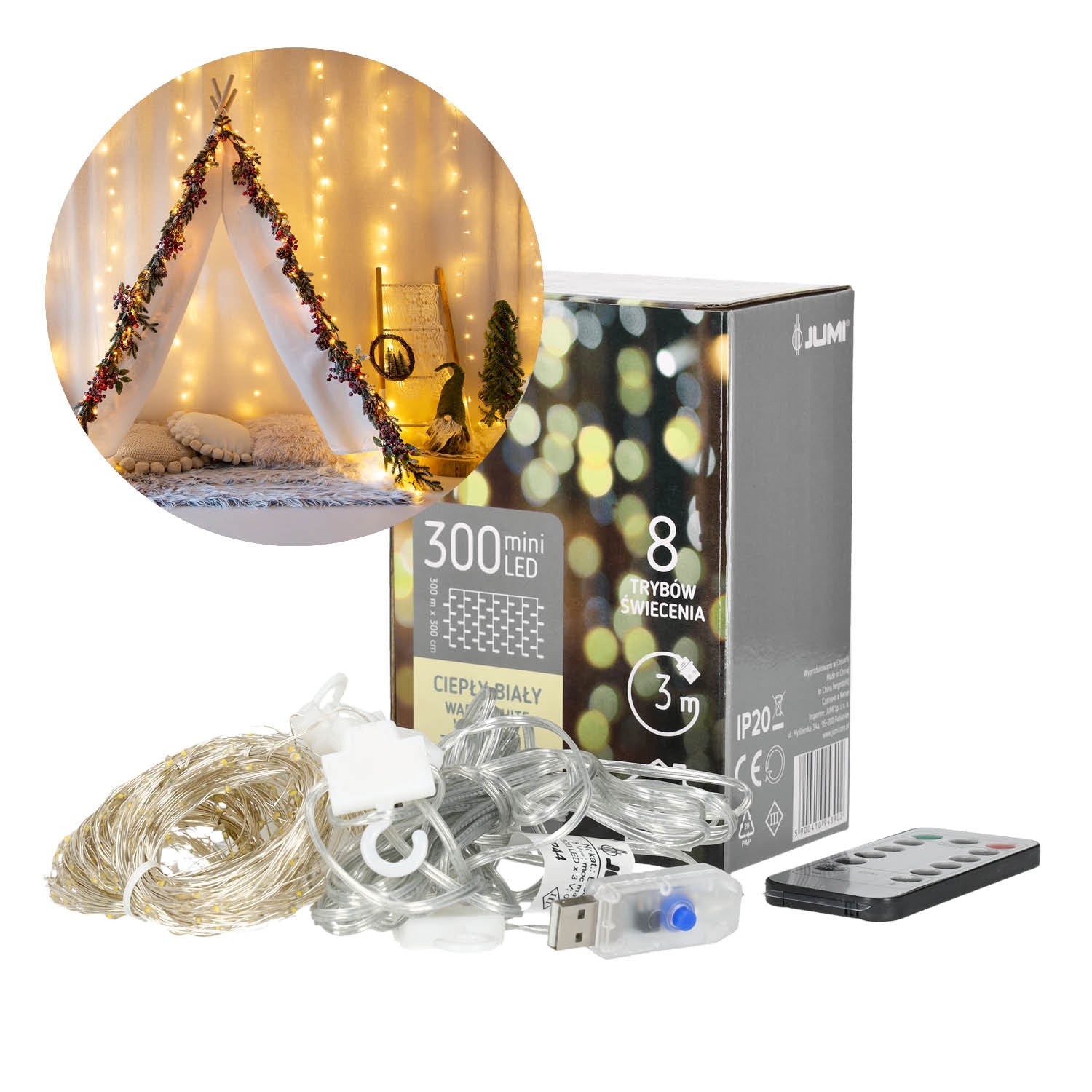 Kurtyna 300 mikro LED 3x3m 8 funkcji zasilanie usb + pilot - LAITICA