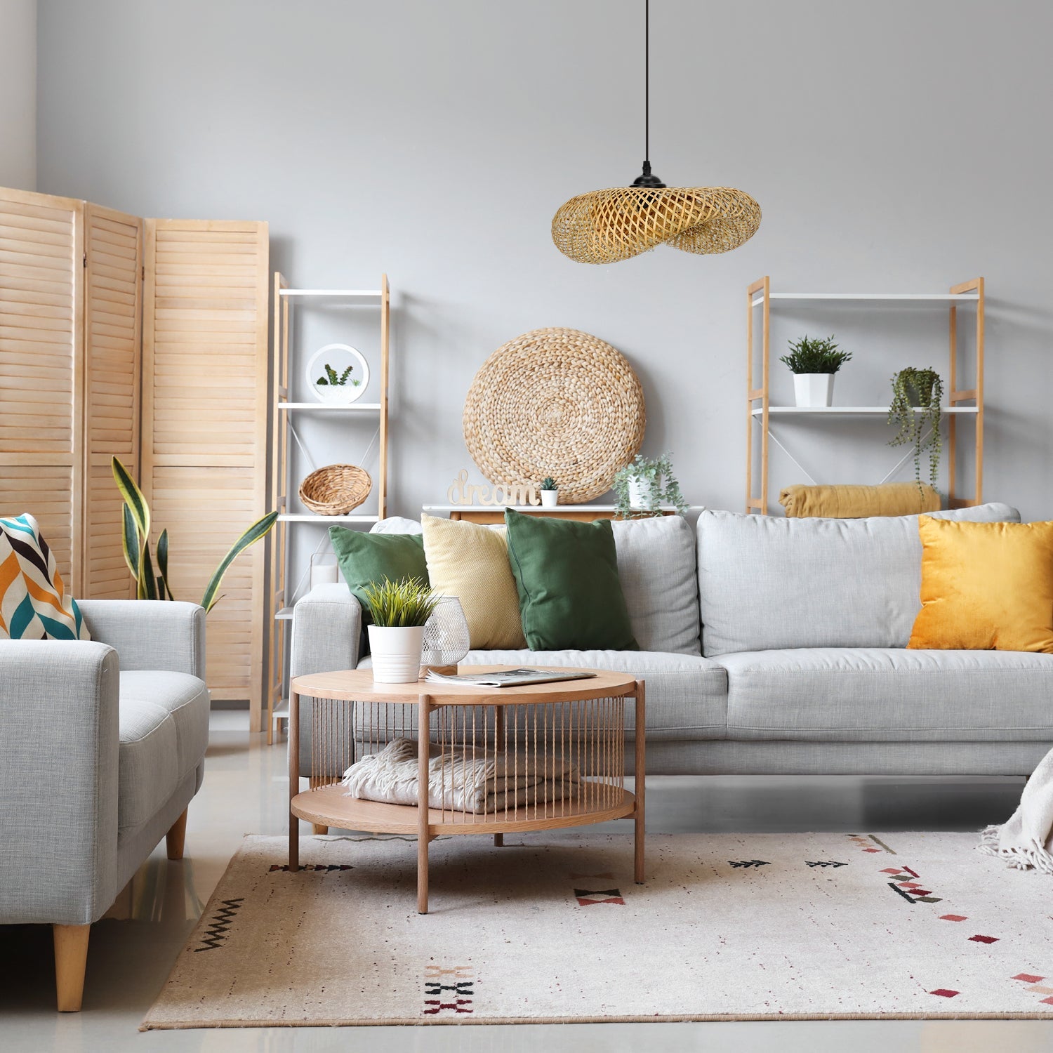 Lampa BOHO BRUGIA S sufitowa WISZĄCA 40 cm pleciona naturalna BAMBUSOWA E2 - LAITICA