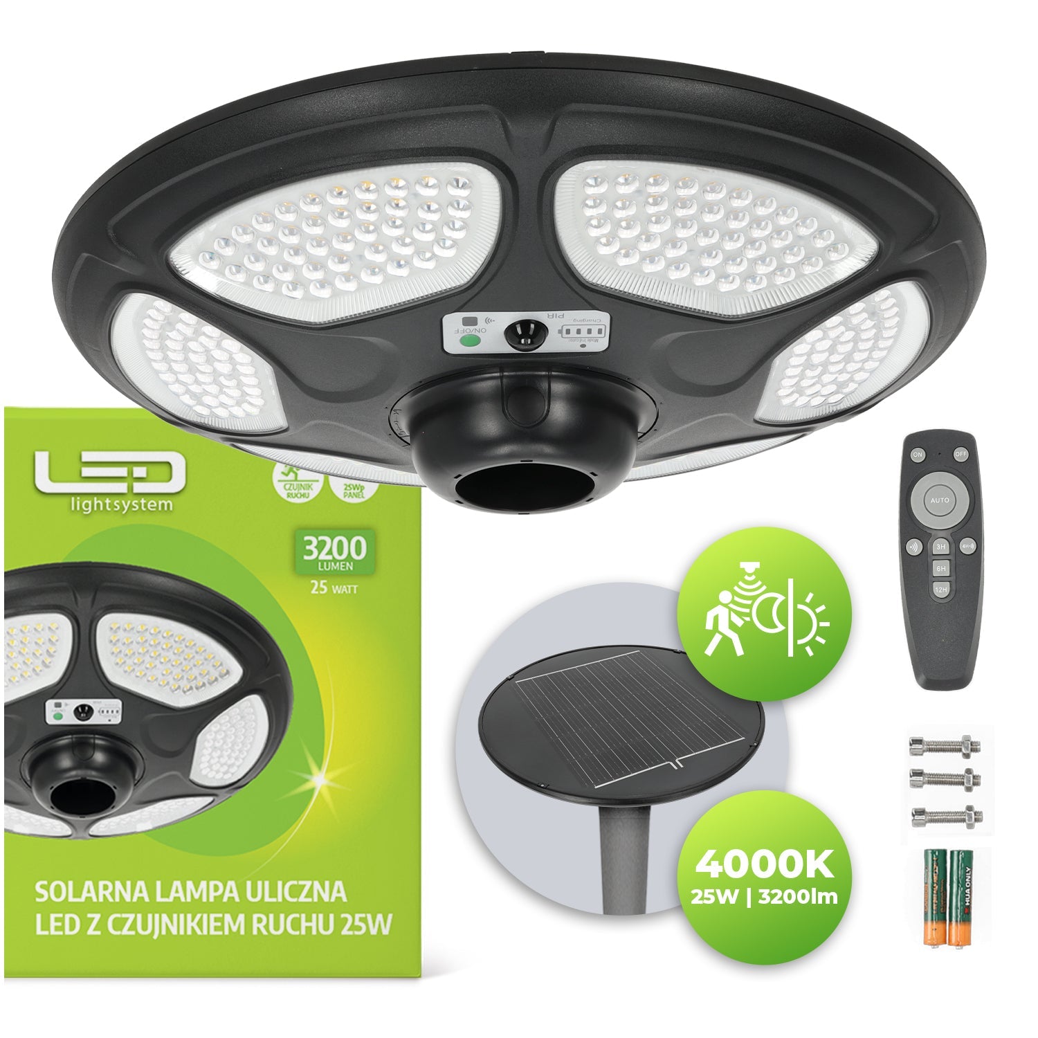 Lampa solarna LED UFO 25W 3200lm IP54 z czujnikiem ruchu i zmierzchu + pilot - LAITICA