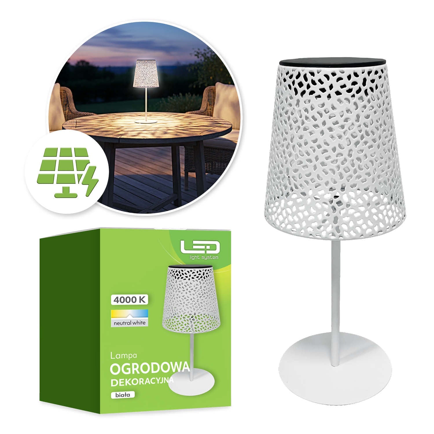 Lampa Solarna Stołowa LED Ażurowa Biała 4000K IP44 do Ogrodu Taras - LAITICA