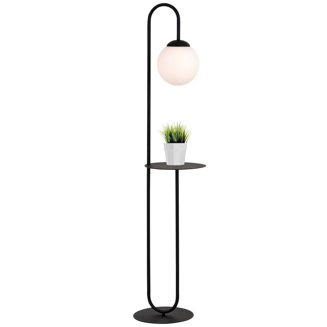 Lampa stojąca NICEA czarna Z PÓŁKĄ styl skandynawski KLOSZ BIAŁY 1xE14 - LAITICA