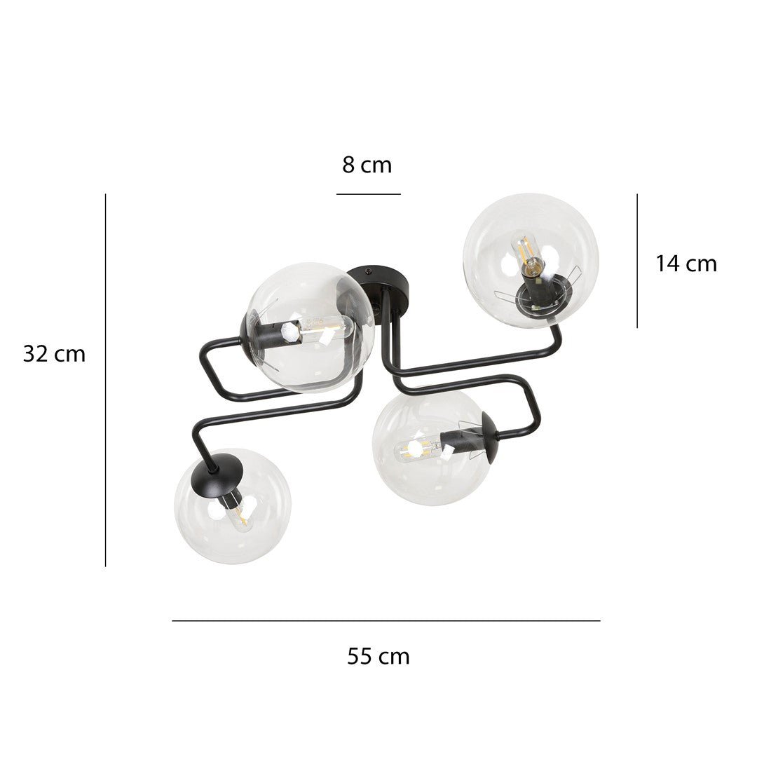 Lampa sufitowa BRENDI 4 BL TRANSPARENT loft klosz czarna - LAITICA