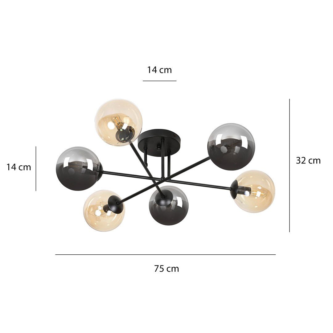 Lampa sufitowa BRENDI 6B BL MIX 3 loft klosze mix, czarna - LAITICA