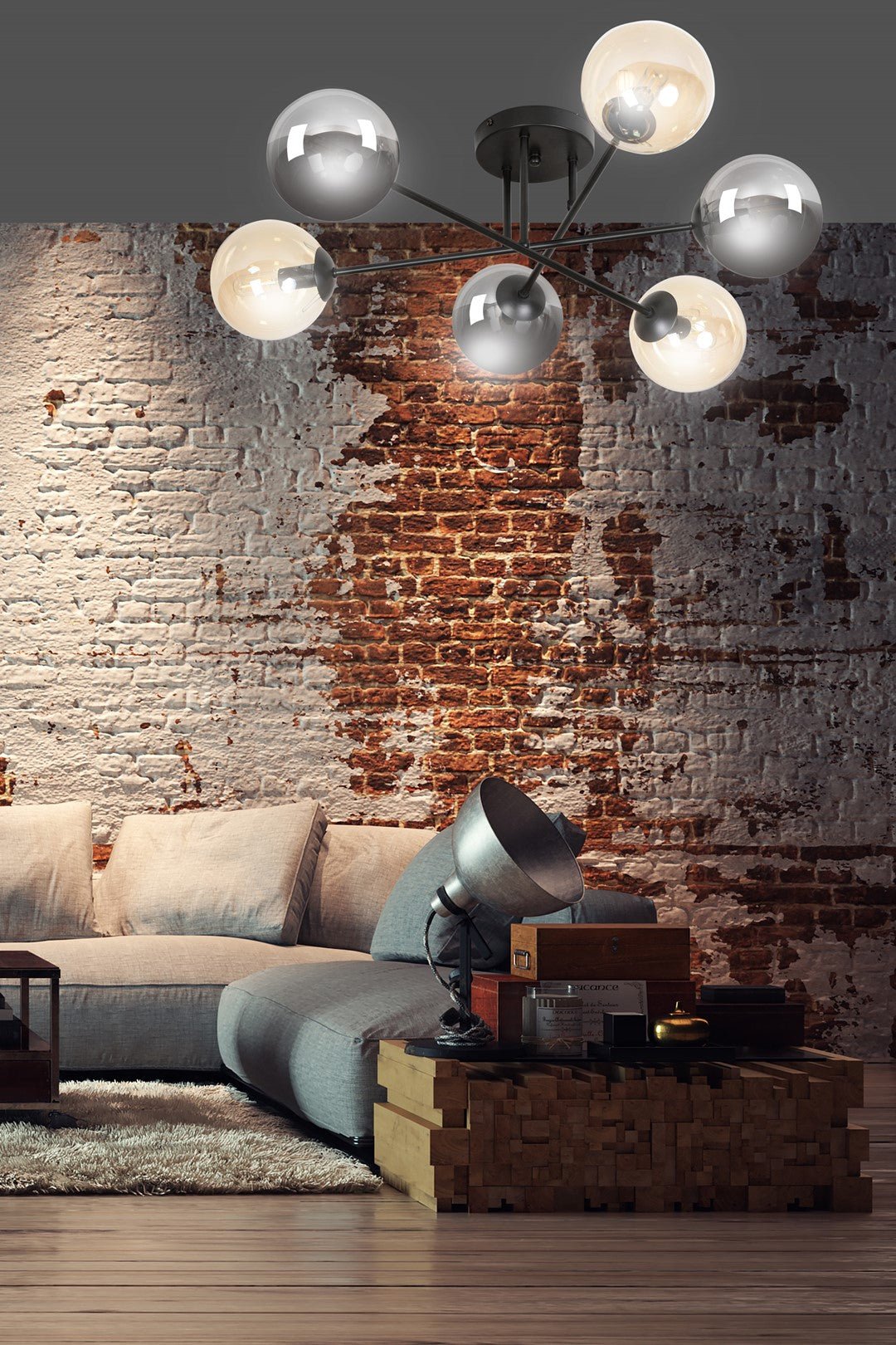 Lampa sufitowa BRENDI 6B BL MIX 3 loft klosze mix, czarna - LAITICA