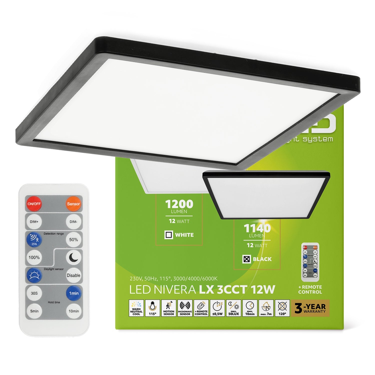 Lampa sufitowa LED 12W z czujnikiem ruchu i zmierzchu, 3 barwy światła CCT, IP54 + pilot | inteligentny plafon - LAITICA