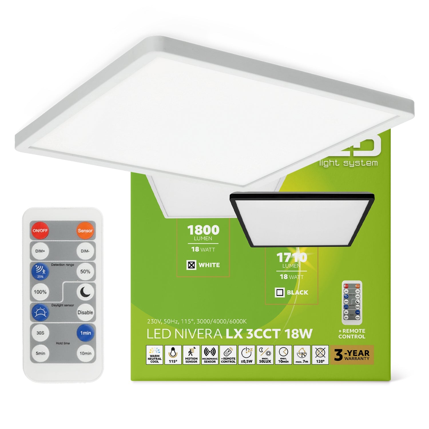 Lampa sufitowa LED 18W z czujnikiem ruchu i zmierzchu, 3 barwy światła, IP54 + pilot - LAITICA