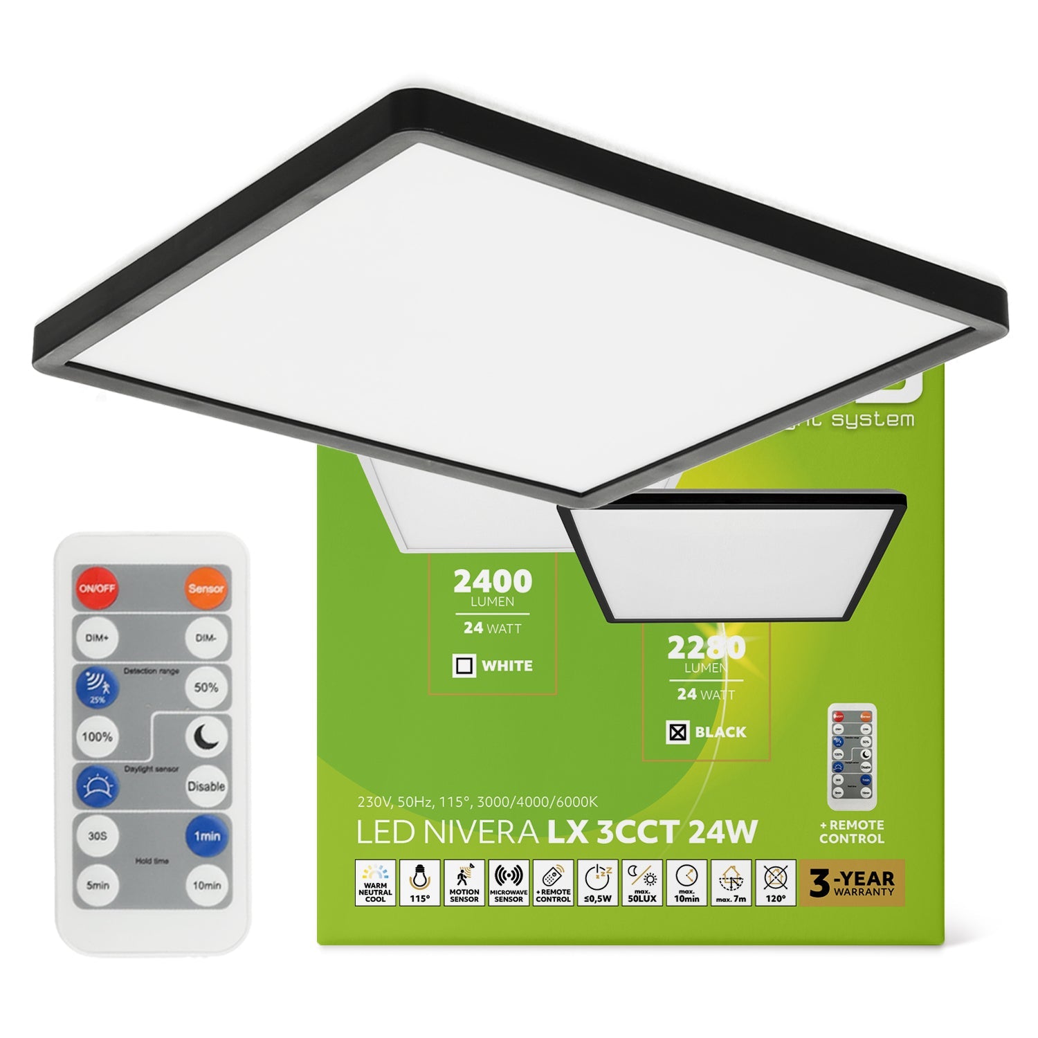 Lampa sufitowa LED 24W z czujnikiem ruchu i zmierzchu, 3 barwy światła CCT, IP54 + pilot | inteligentny plafon - LAITICA