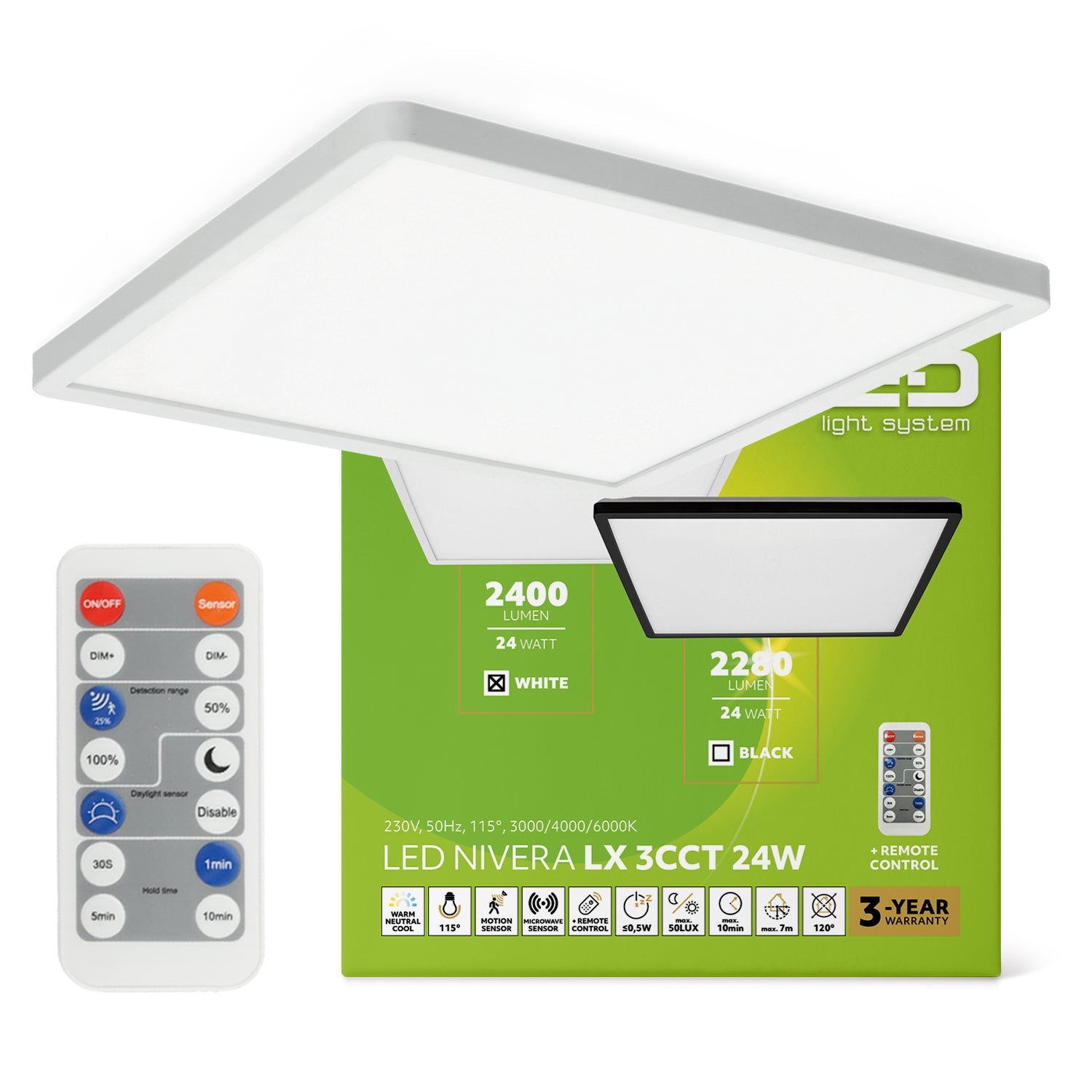 Lampa sufitowa LED 24W z czujnikiem ruchu i zmierzchu, 3 barwy światła CCT, IP54 + pilot | inteligentny plafon - LAITICA