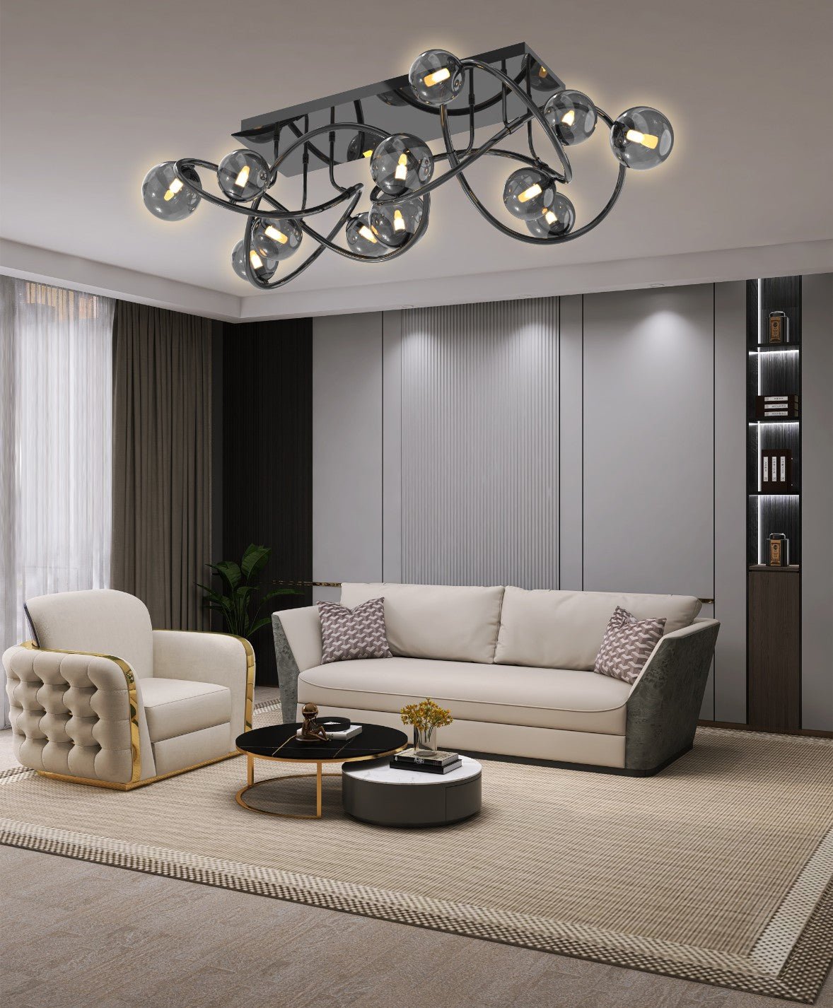 Lampa sufitowa MALTA ozdobna 12 punktów światła BARWA CIEPŁA dymione klosze - LAITICA