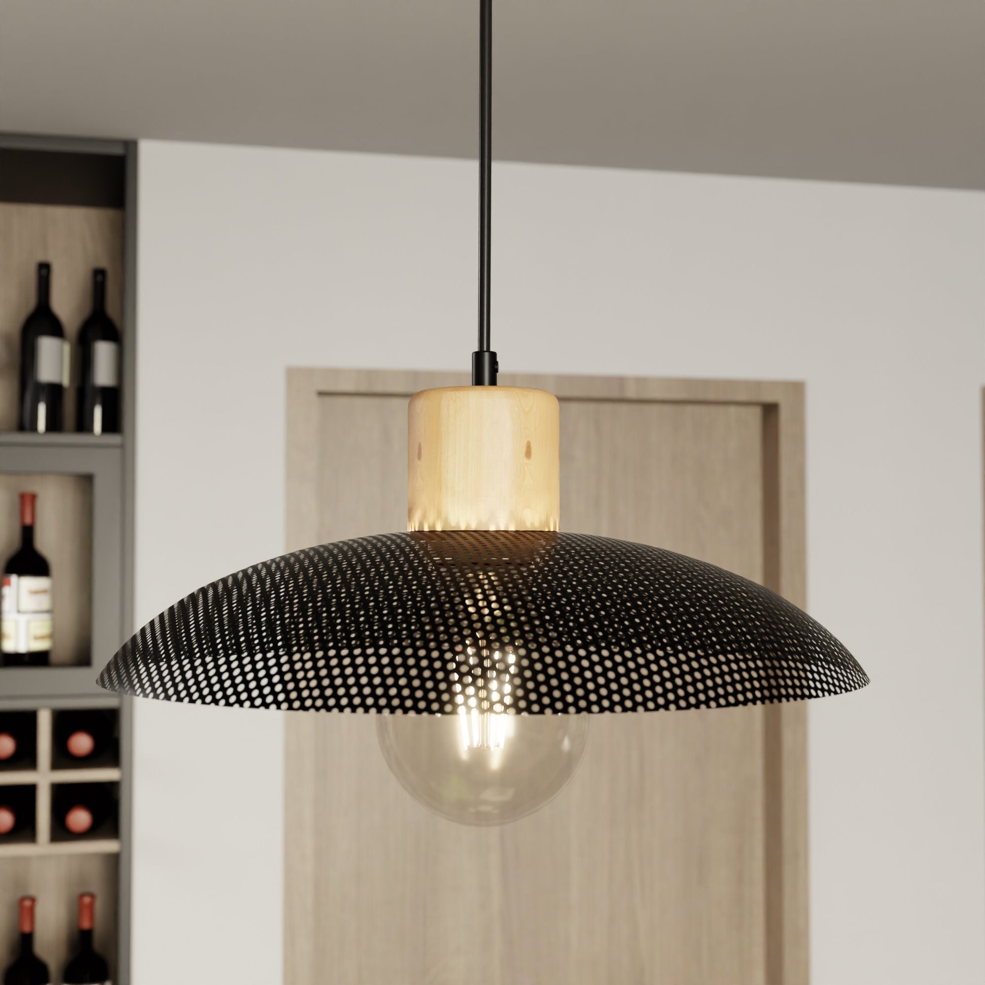 Lampa sufitowa metalowy klosz drewno NELI wisząca ZWIS czarna 1xE27 - LAITICA
