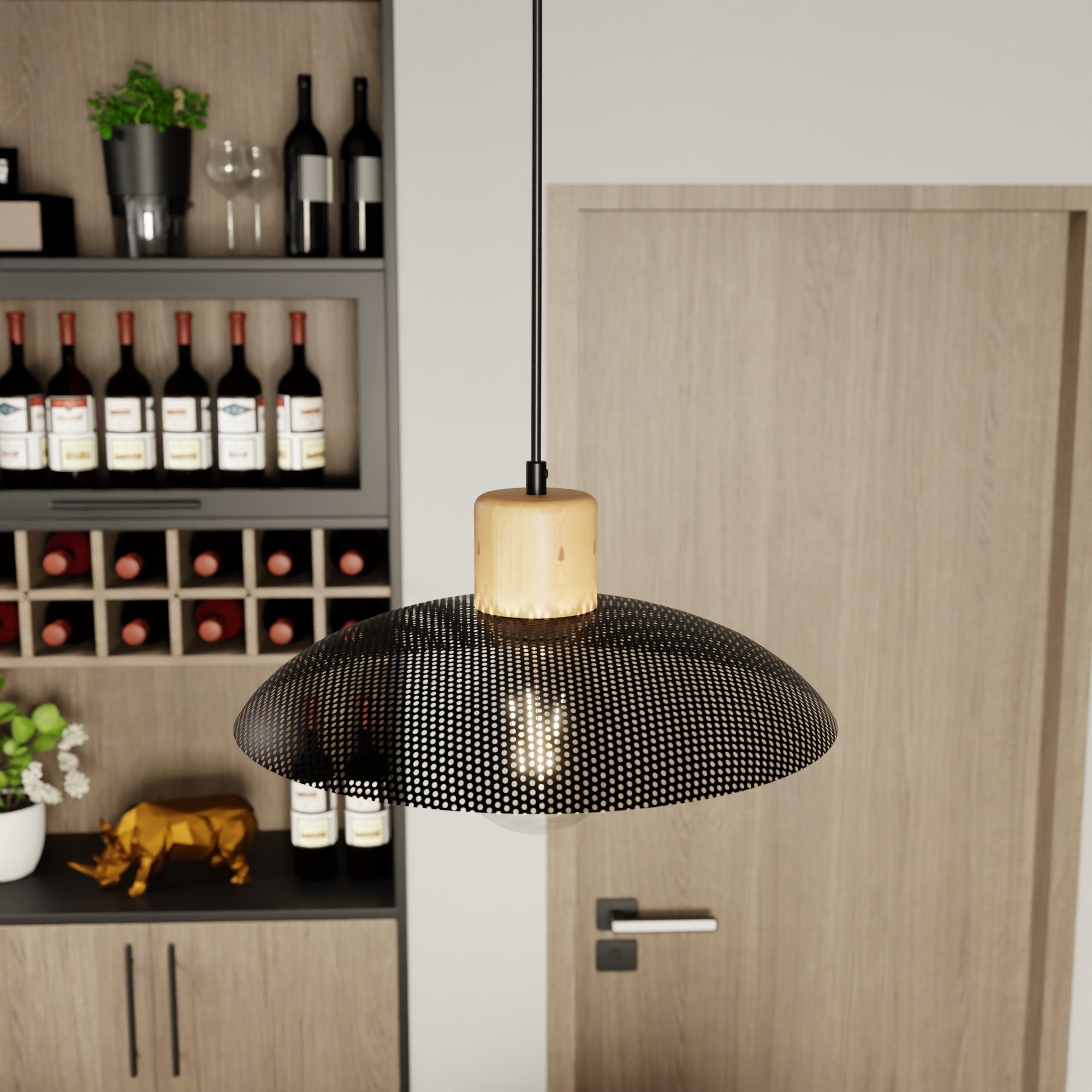 Lampa sufitowa metalowy klosz drewno NELI wisząca ZWIS czarna 1xE27 - LAITICA