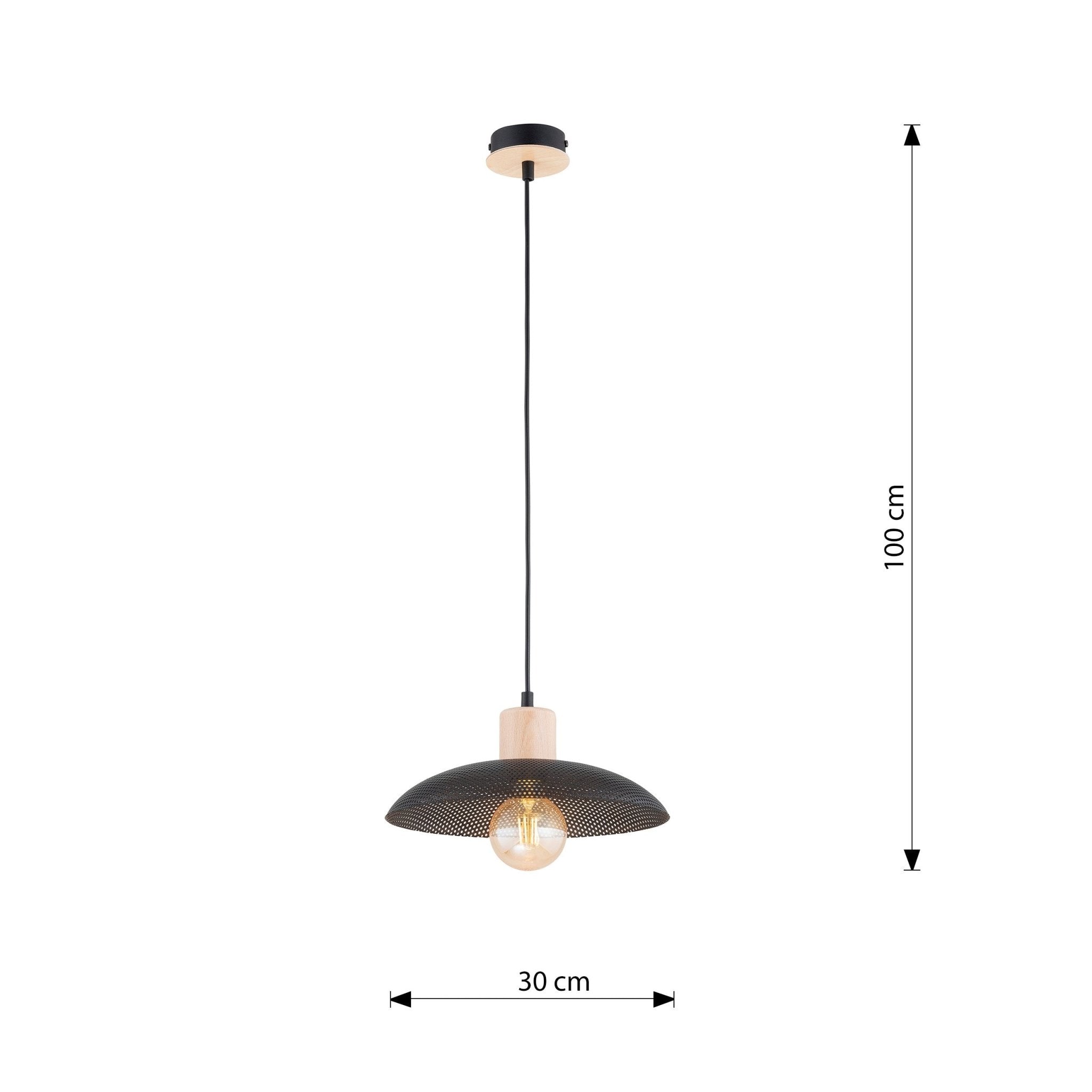 Lampa sufitowa metalowy klosz drewno NELI wisząca ZWIS czarna 1xE27 - LAITICA