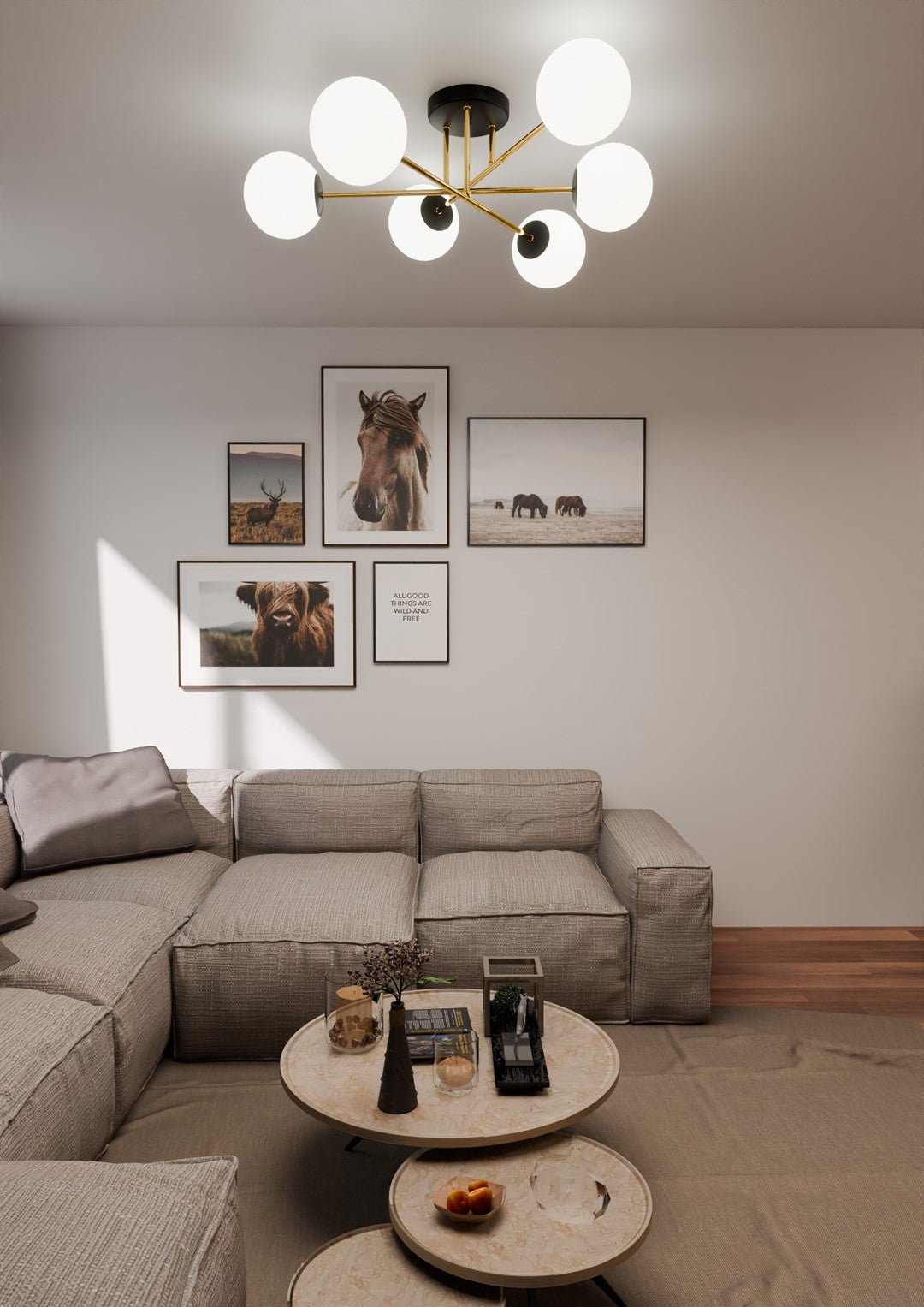 Lampa sufitowa NICEA czarno - złota 6 punktów światła OKRĄGŁE szklane klosze - LAITICA
