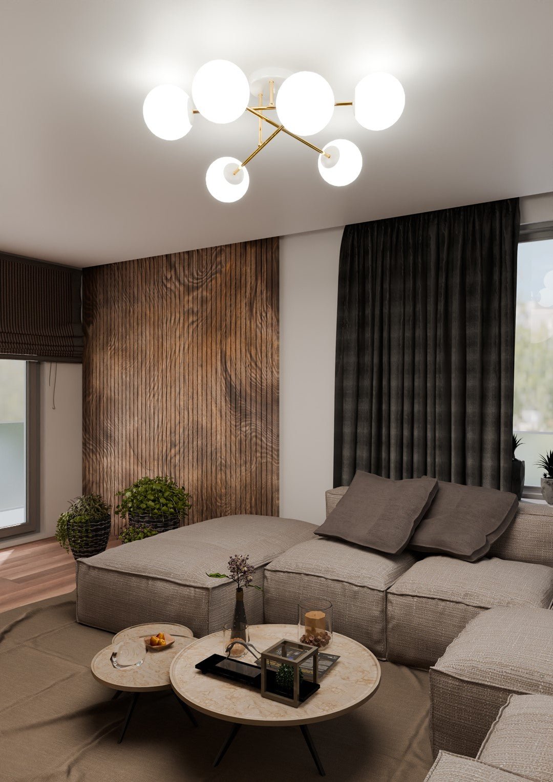 Lampa sufitowa NICEA złota 6 punktów światła OKRĄGŁE szklane klosze - LAITICA