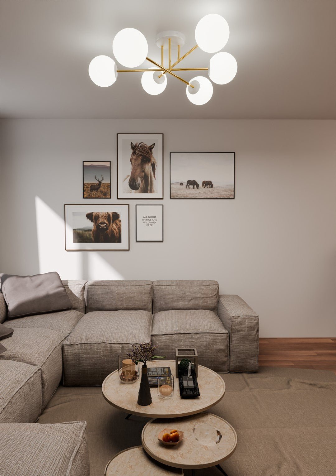 Lampa sufitowa NICEA złota 6 punktów światła OKRĄGŁE szklane klosze - LAITICA