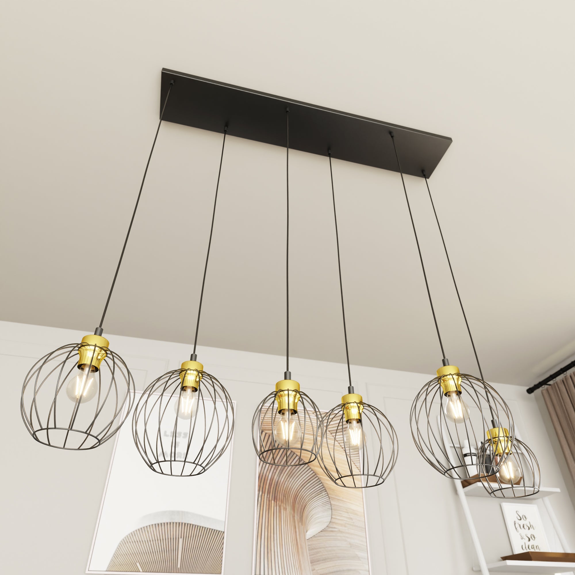 Lampa Sufitowa Wisząca DUŻA LIMA 6 - punktowa E27 LOFT Czarno - Złota Do Salonu - LAITICA