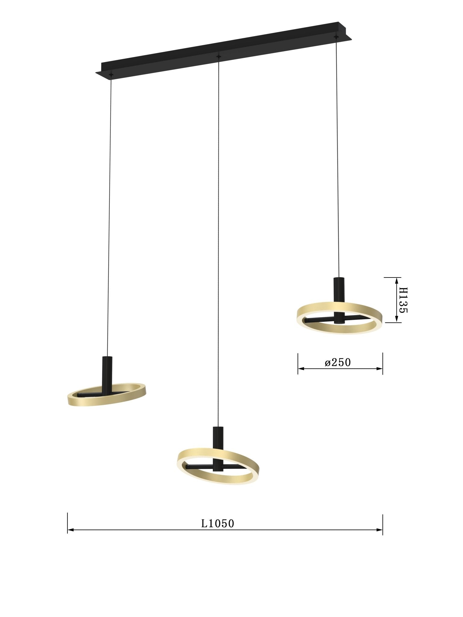 Lampa sufitowa wisząca LED MALTA trójka złote okręgi BARWA CIEPŁA czarna - LAITICA