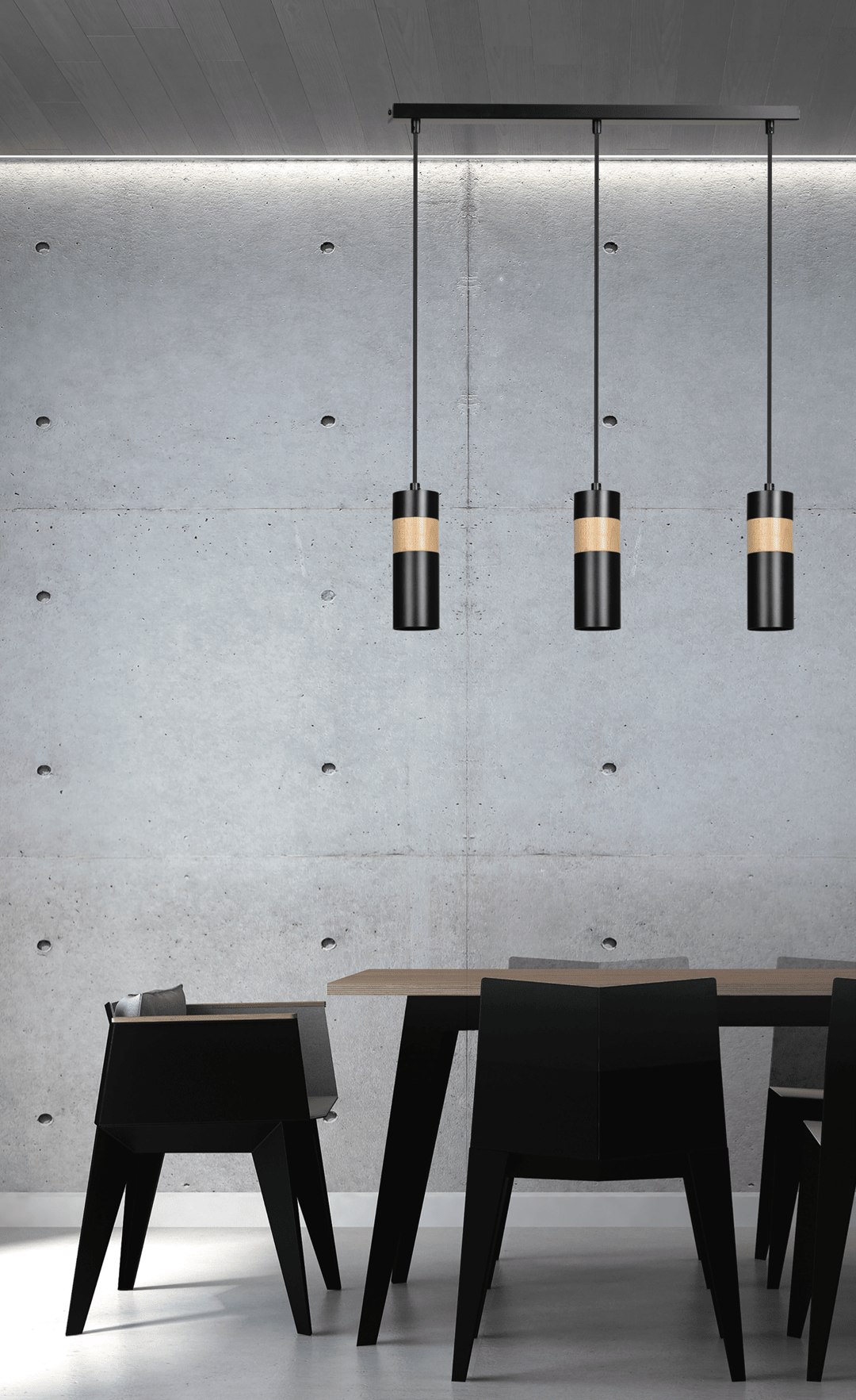 Lampa wisząca AKARI 3 BLACK skandynawska tuby drewno czarna - LAITICA