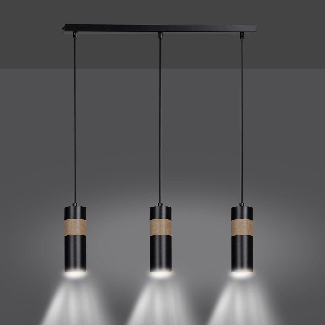 Lampa wisząca AKARI 3 BLACK skandynawska tuby drewno czarna - LAITICA