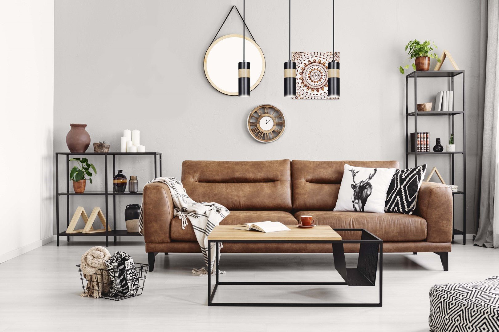 Lampa wisząca AKARI 3 BLACK skandynawska tuby drewno czarna - LAITICA