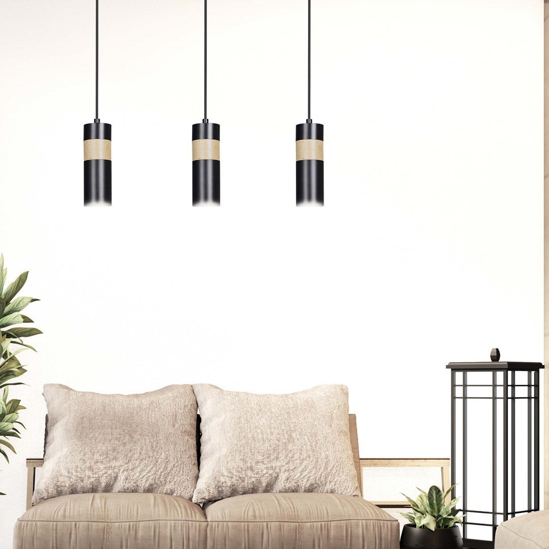 Lampa wisząca AKARI 3 BLACK skandynawska tuby drewno czarna - LAITICA
