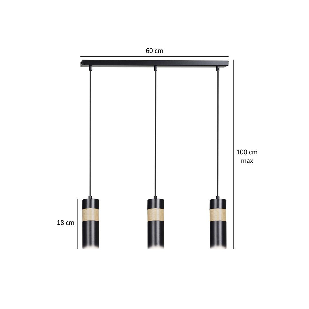 Lampa wisząca AKARI 3 BLACK skandynawska tuby drewno czarna - LAITICA