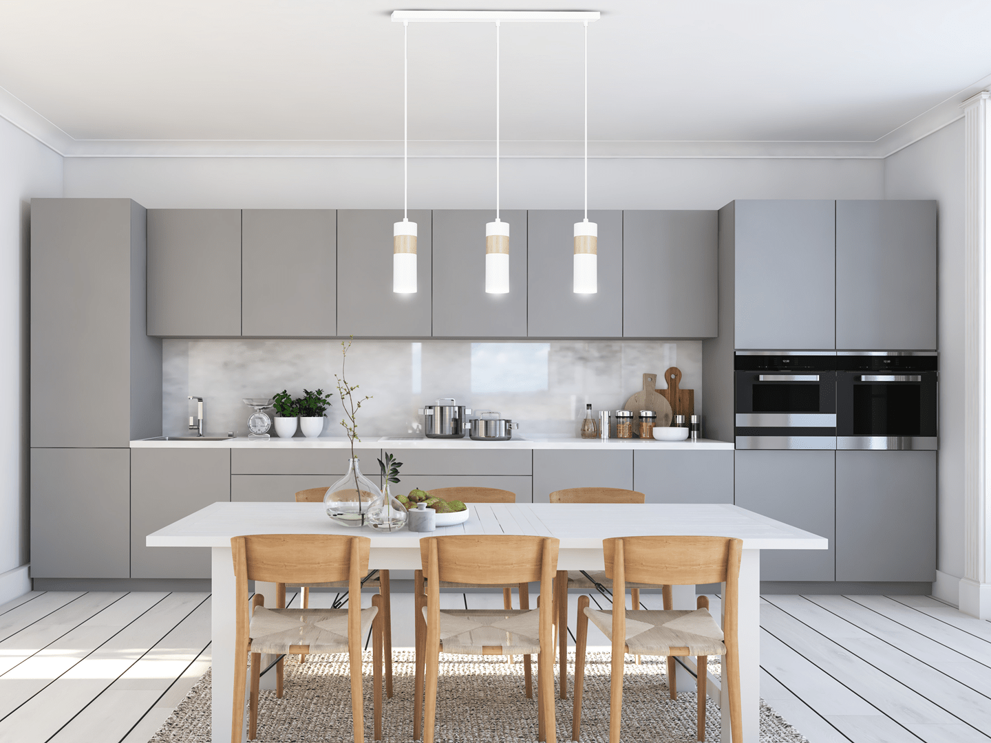 Lampa wisząca AKARI 3 WHITE skandynawska tuby drewno biała - LAITICA