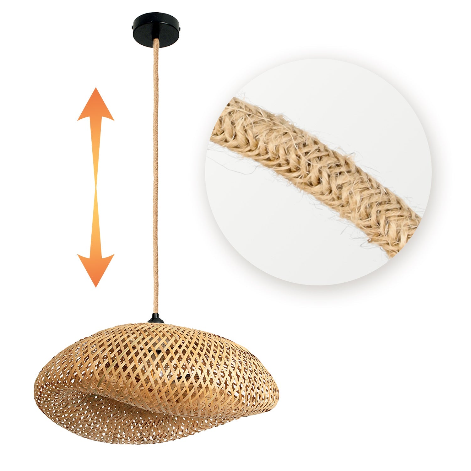 Lampa wisząca BRUGIA M E27 boho BAMBUS Czarna podsufitówka Naturalna Sznur - LAITICA