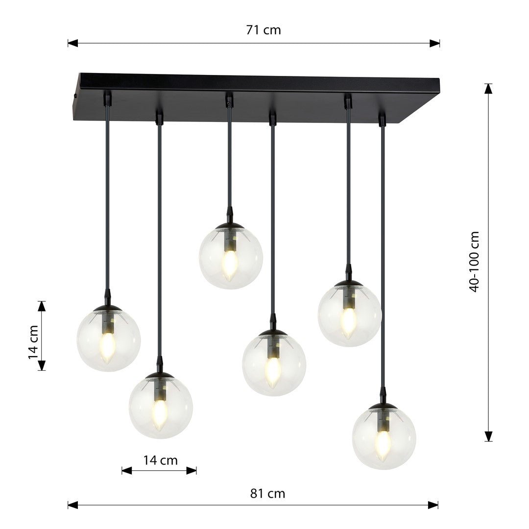 Lampa wisząca COSMO 6 BL TRANSPARENT loft, klosze, czarna - LAITICA