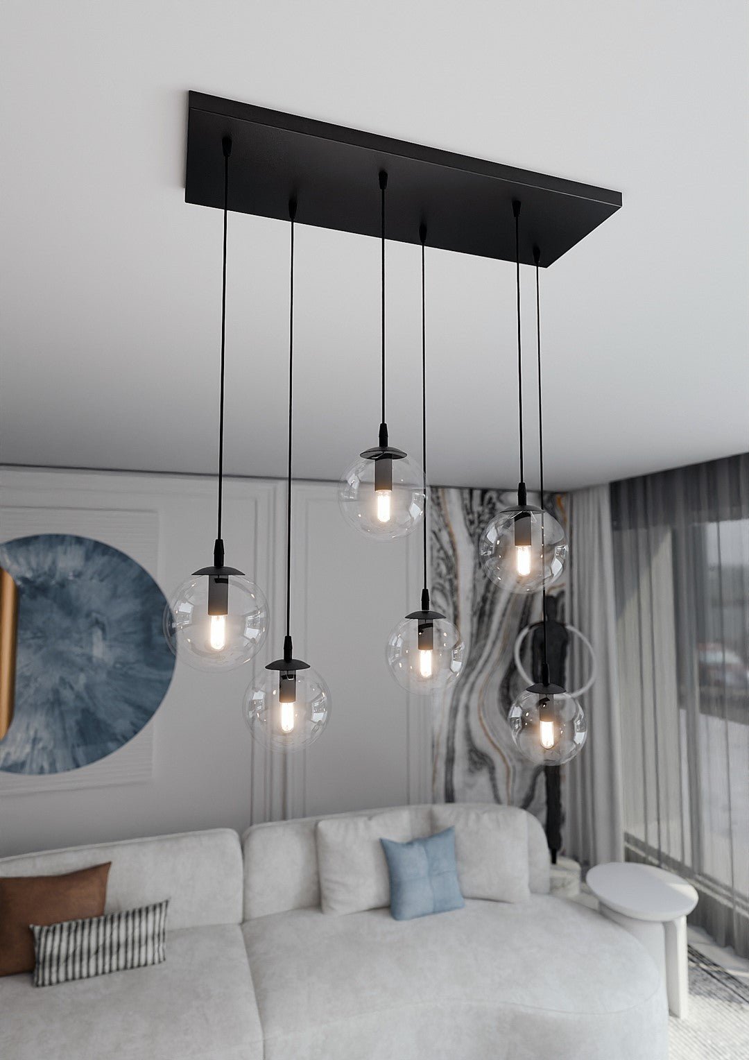 Lampa wisząca COSMO 6 BL TRANSPARENT loft, klosze, czarna - LAITICA