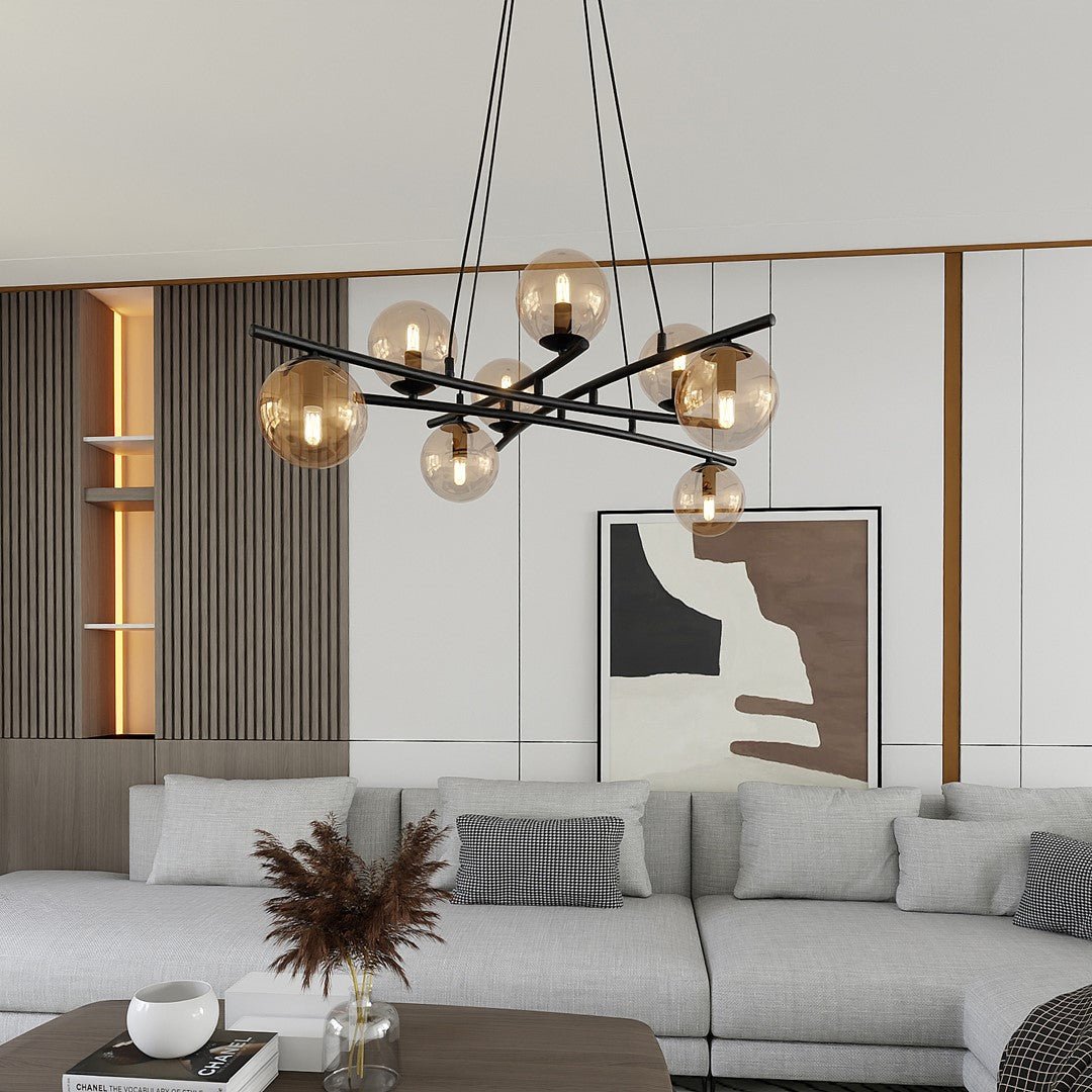 Lampa wisząca CZARNA NICEA regulowana KLOSZ MIODOWY 8 punktów światła E14 - LAITICA