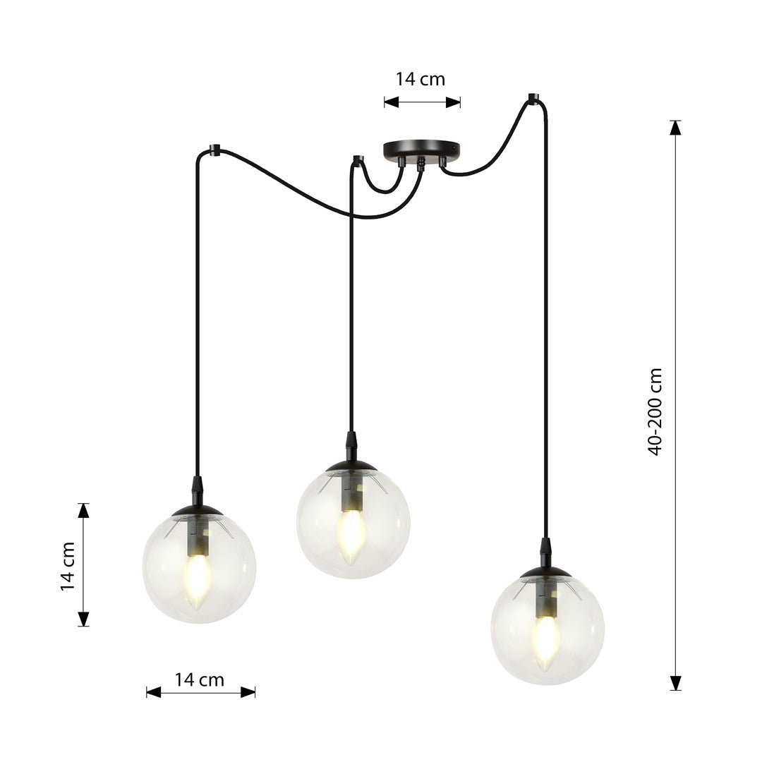 Lampa wisząca GIGI 3 BL TRANSPARENT pająk, klosze, czarna - LAITICA