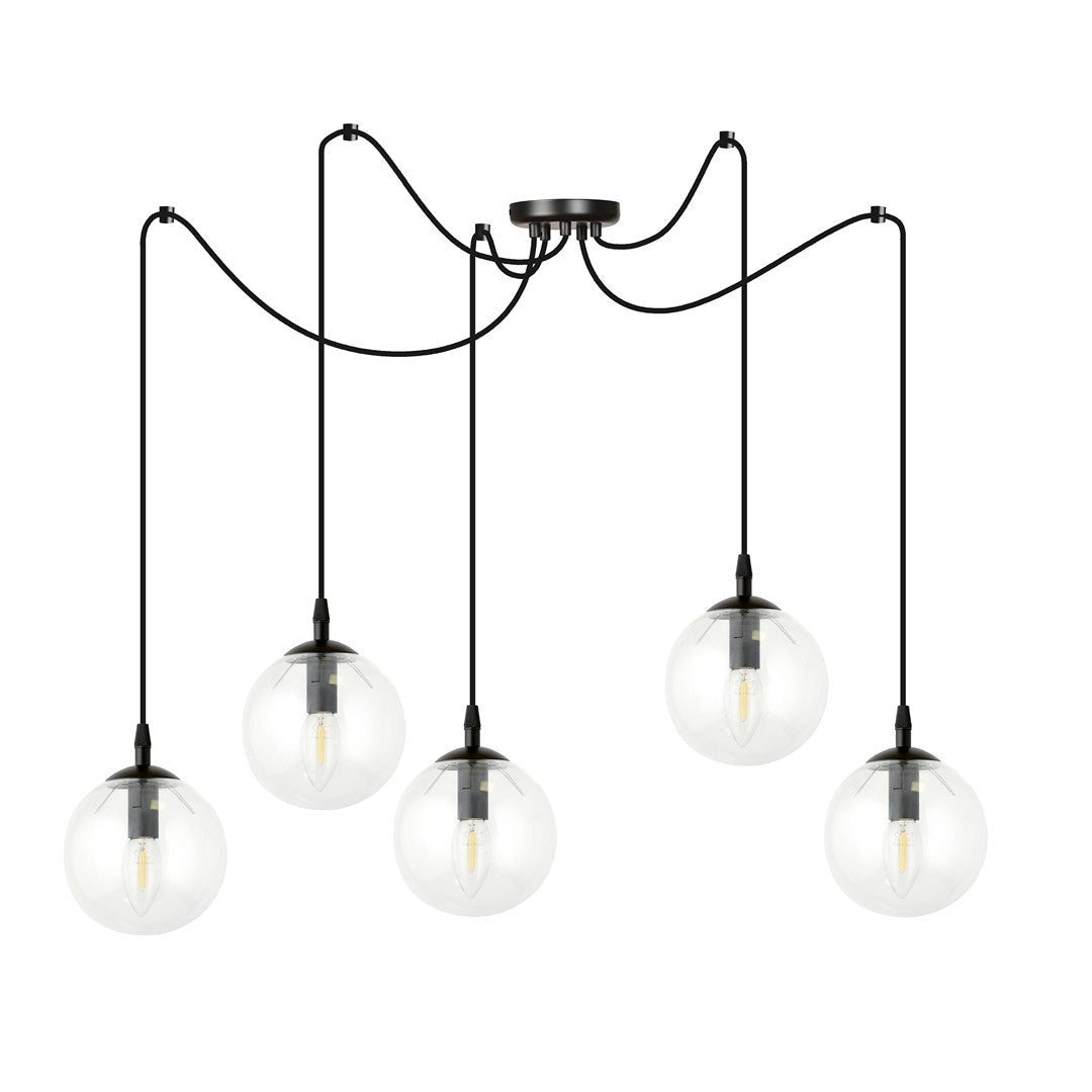 Lampa wisząca GIGI 5 BL TRANSPARENT pająk, klosze, czarna - LAITICA