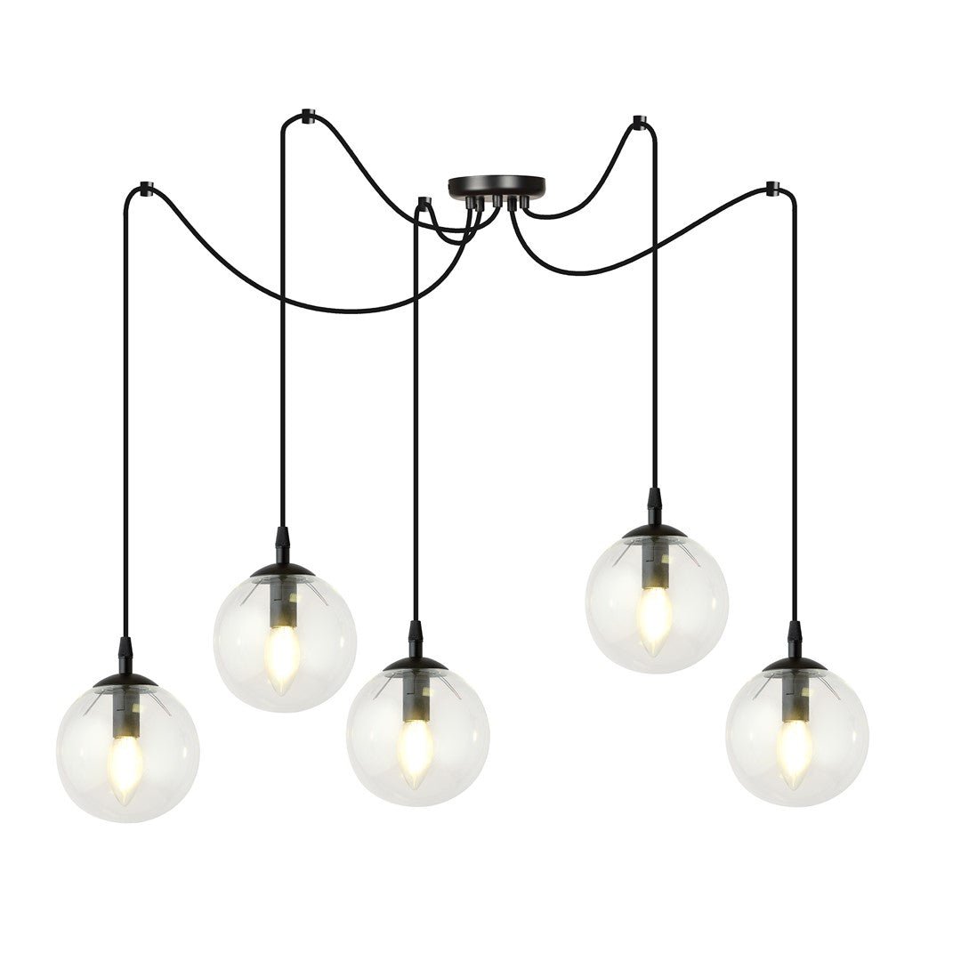 Lampa wisząca GIGI 5 BL TRANSPARENT pająk, klosze, czarna - LAITICA